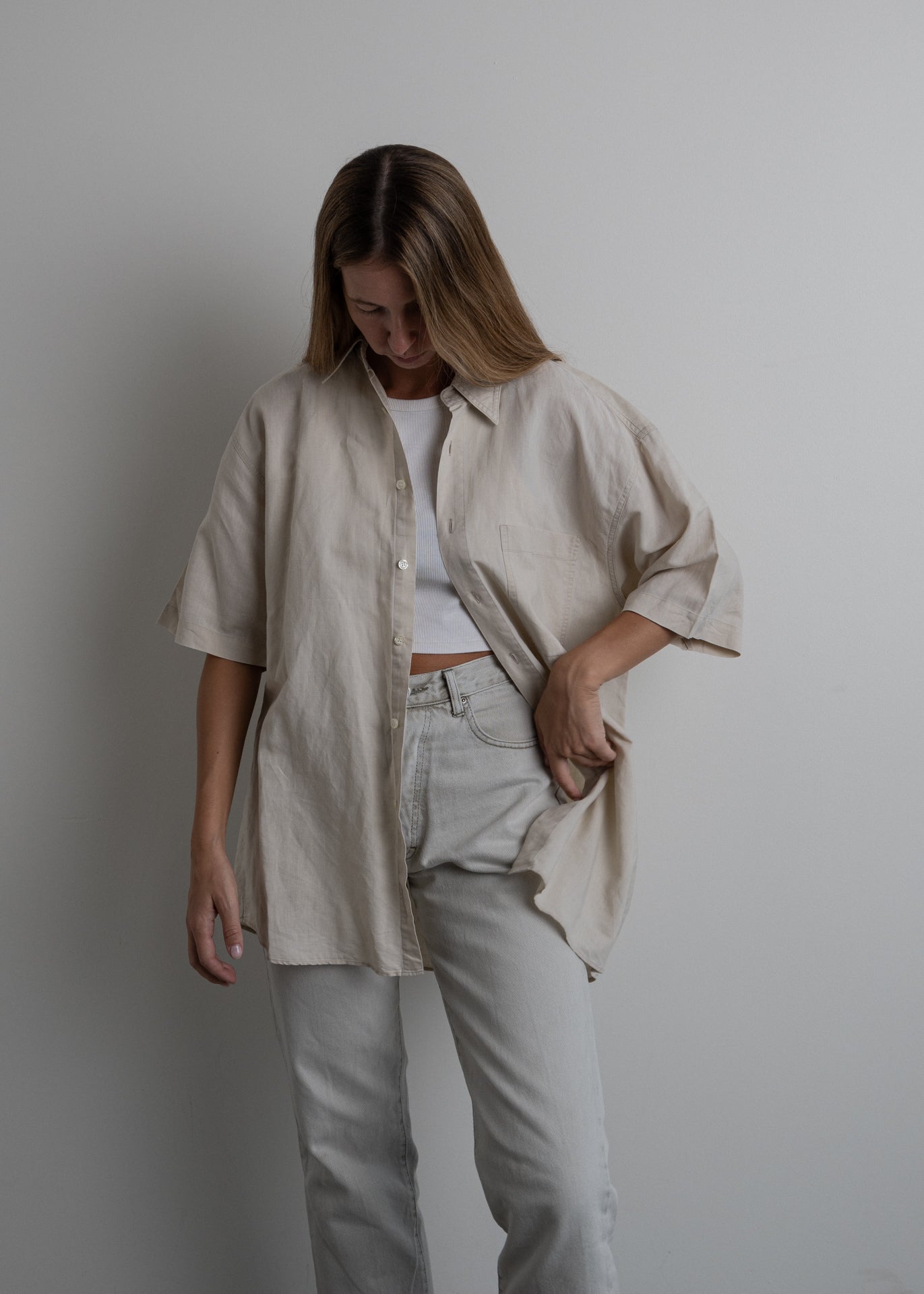 Vintage Beige Oversized Linen Shirt