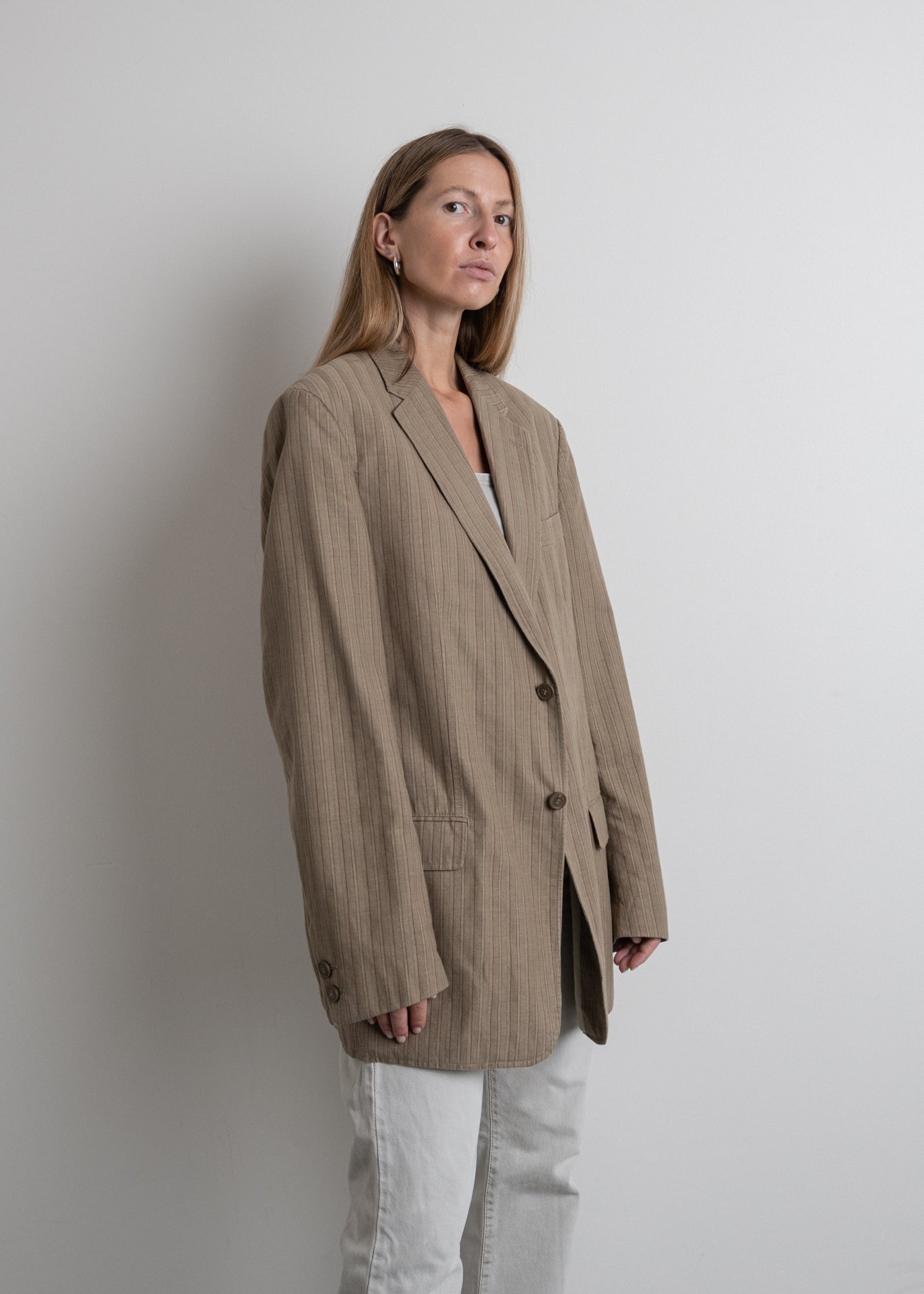 Vintage Light Brown Stripy Oversized Blazer