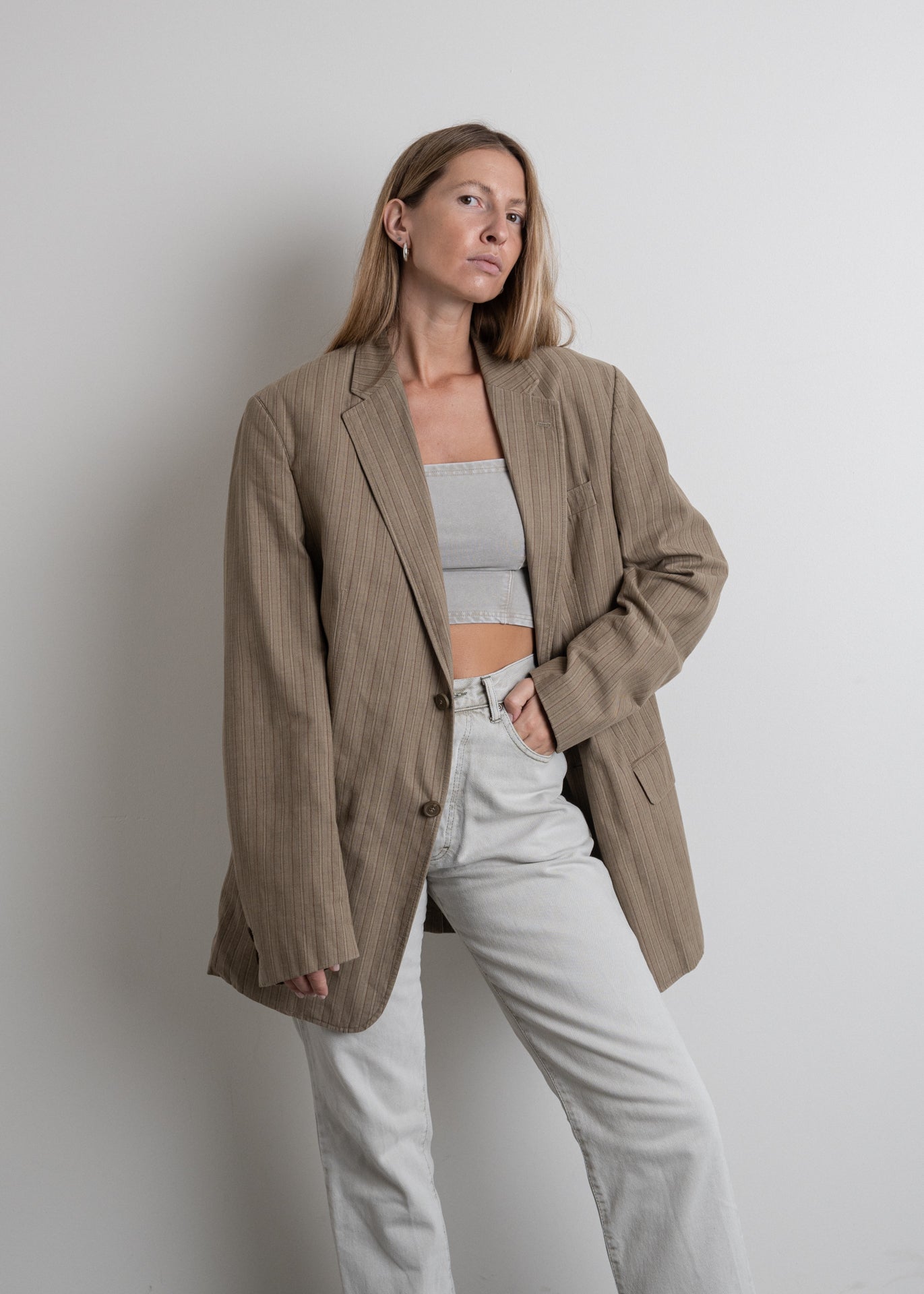 Vintage Light Brown Stripy Oversized Blazer