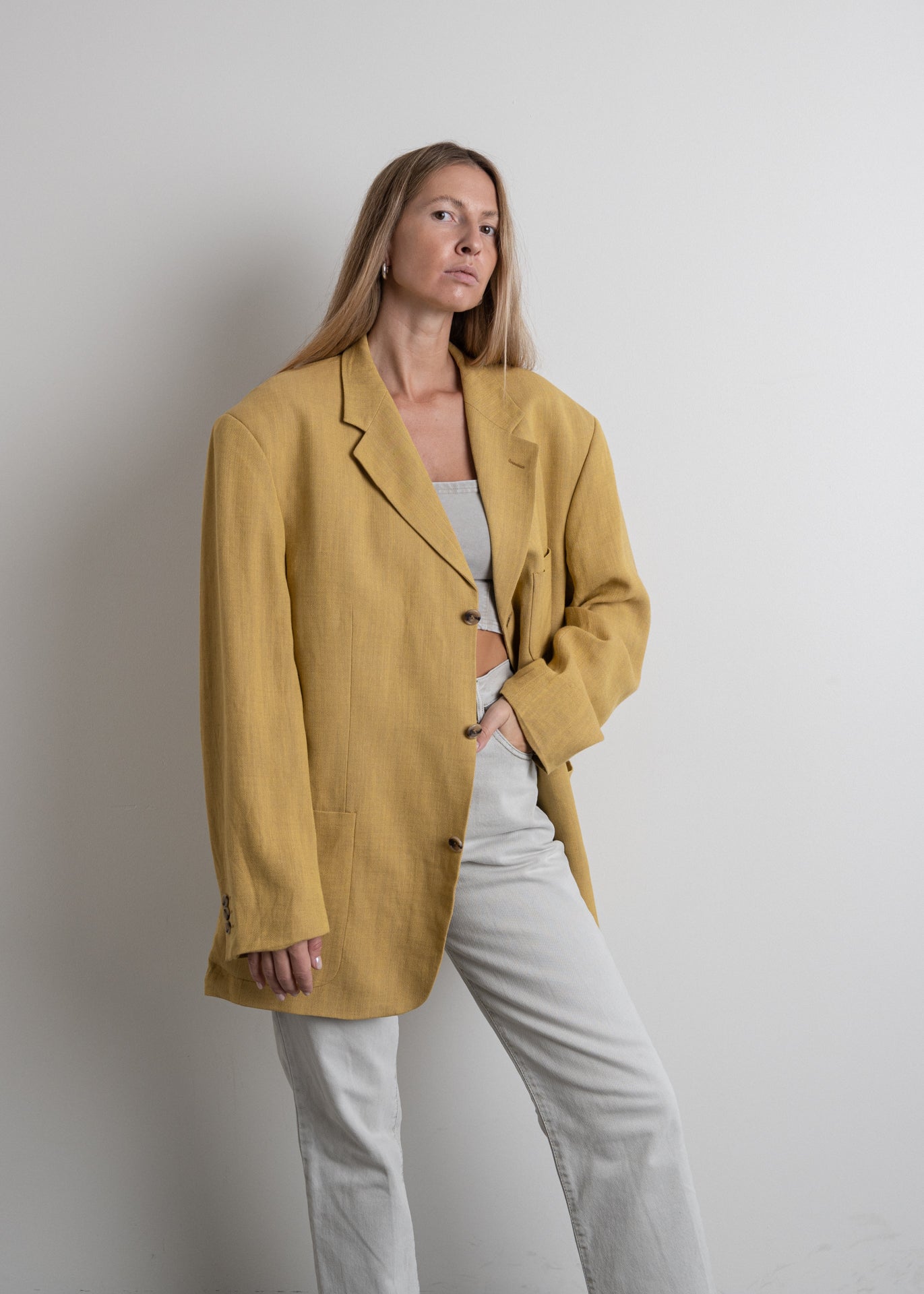 Vintage Yellow Oversized Linen Blazer