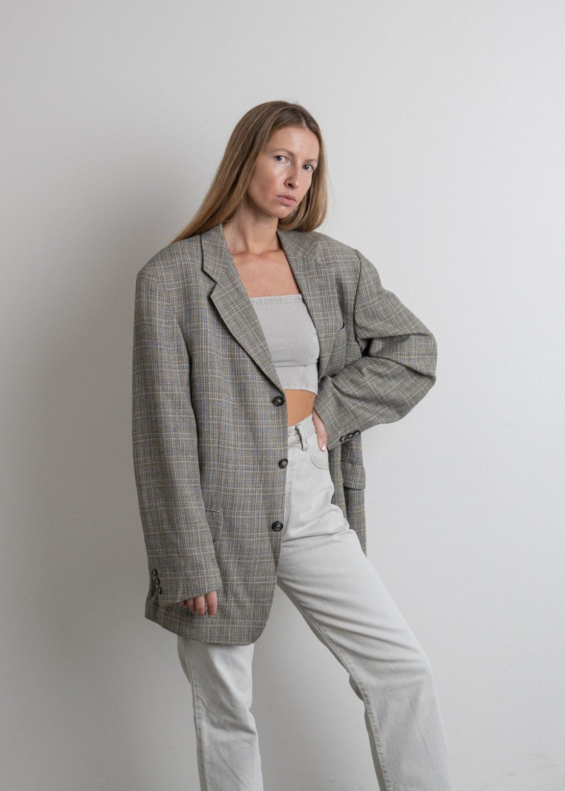 Vintage Grey Oversized Linen Blazer