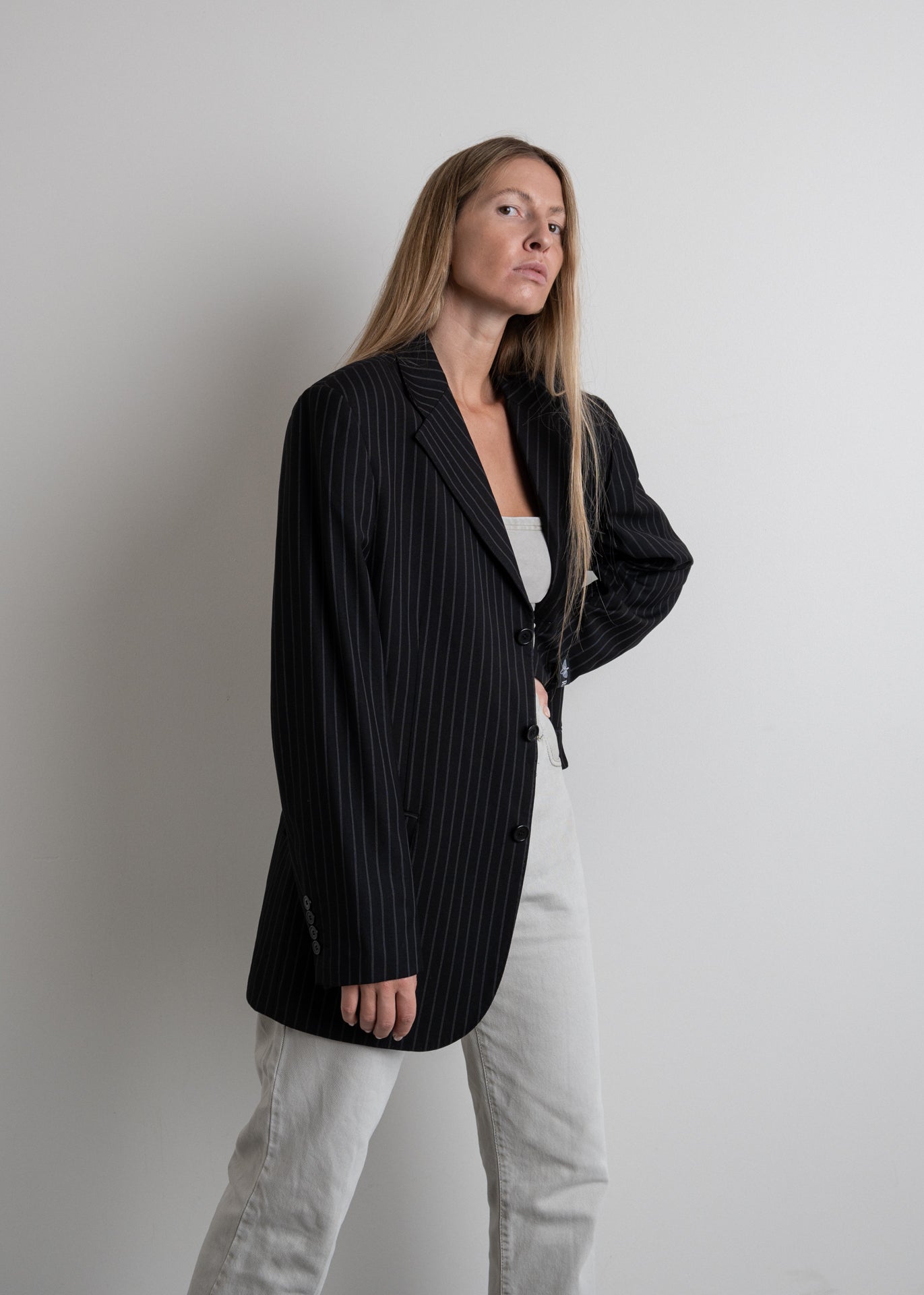 Vintage Black Stripy Oversized Blazer