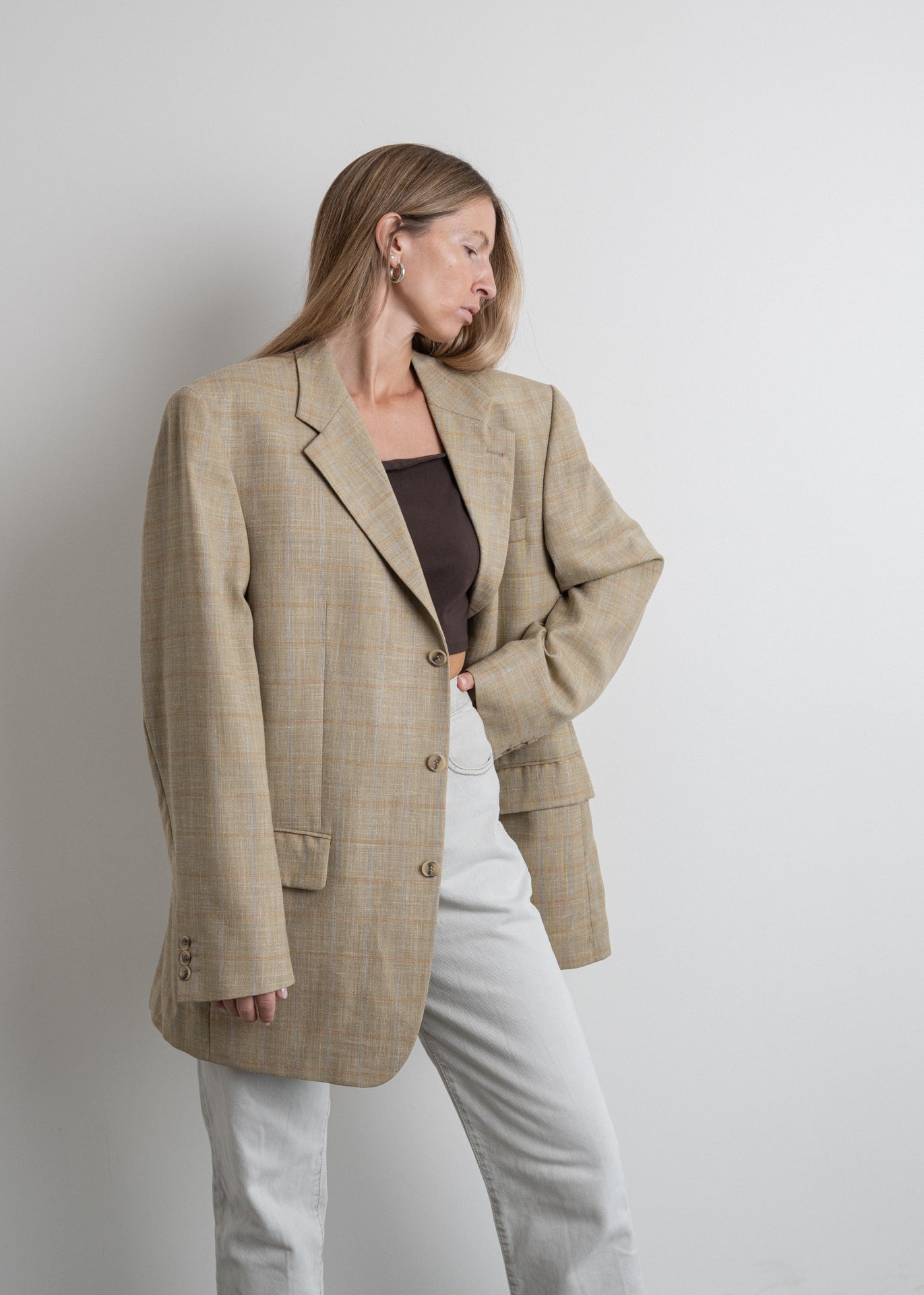 Vintage Beige Checked Oversized Blazer