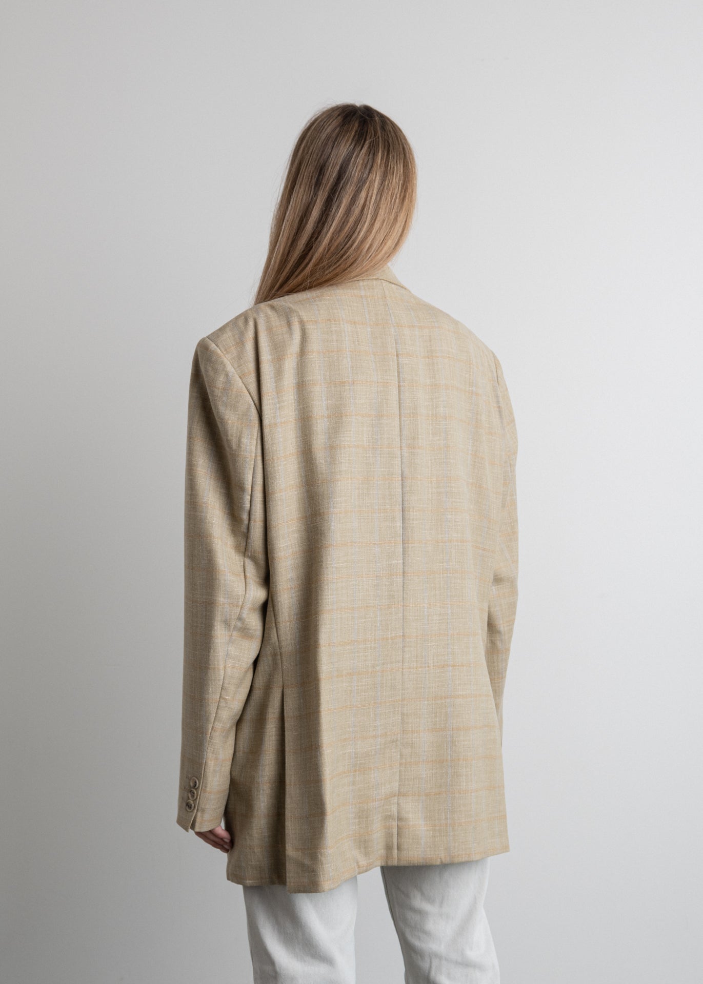 Vintage Beige Checked Oversized Blazer