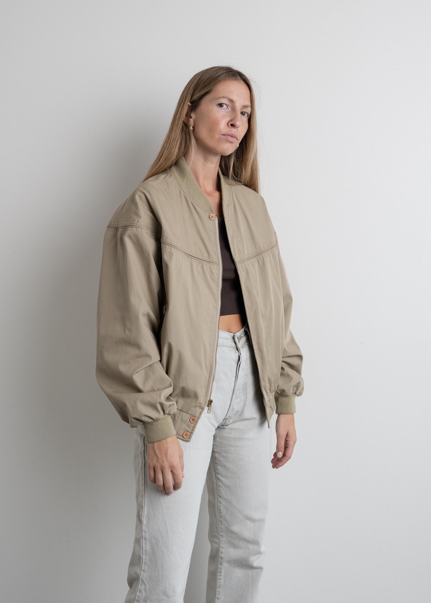 Vintage Beige Oversized Bomber Jacket