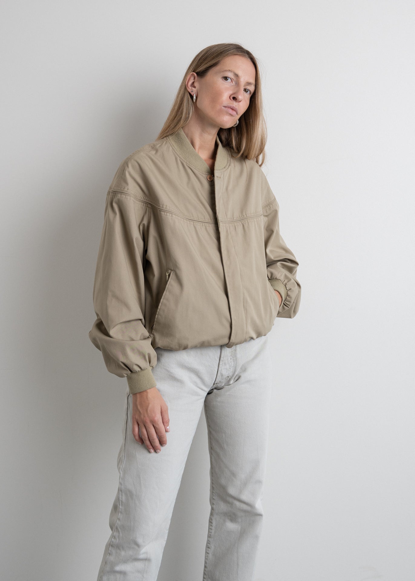 Vintage Beige Oversized Bomber Jacket