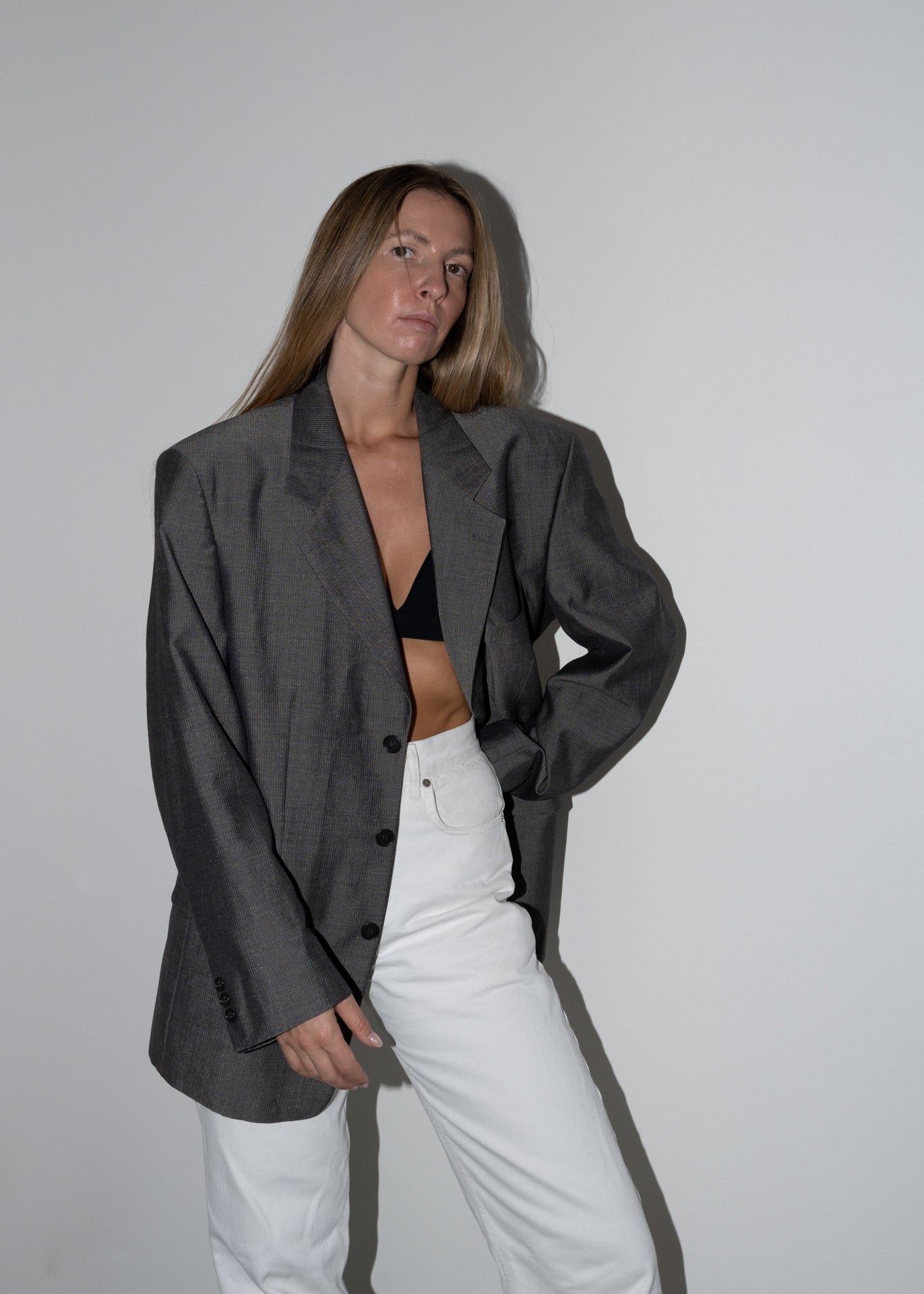 Vintage Silver Grey Stripy Oversized Blazer