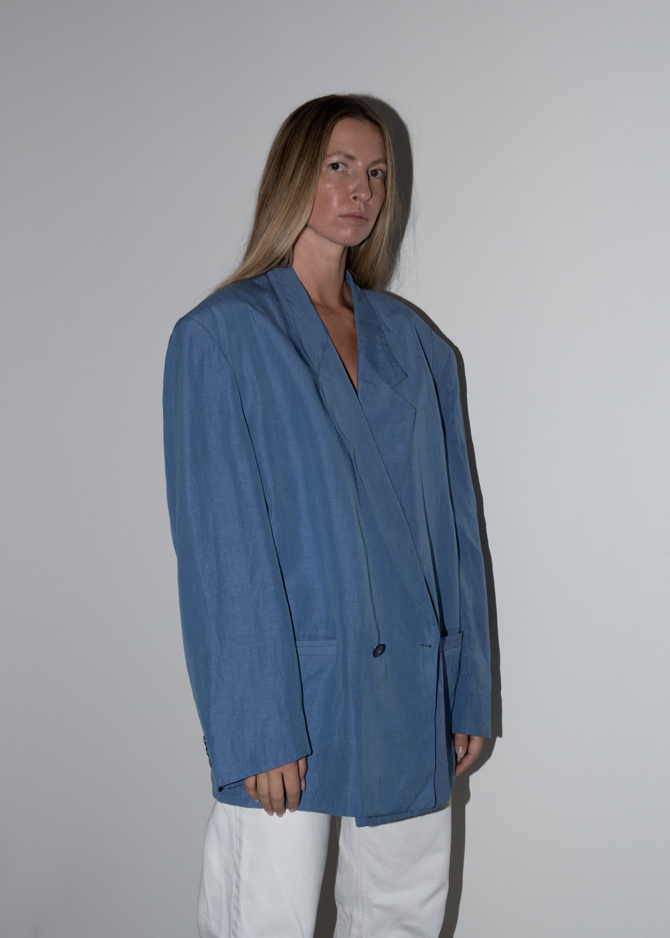 Vintage Bright Blue Oversized Linen Blazer