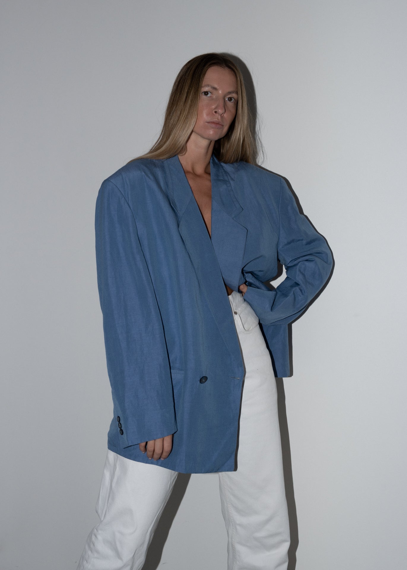 Vintage Bright Blue Oversized Linen Blazer