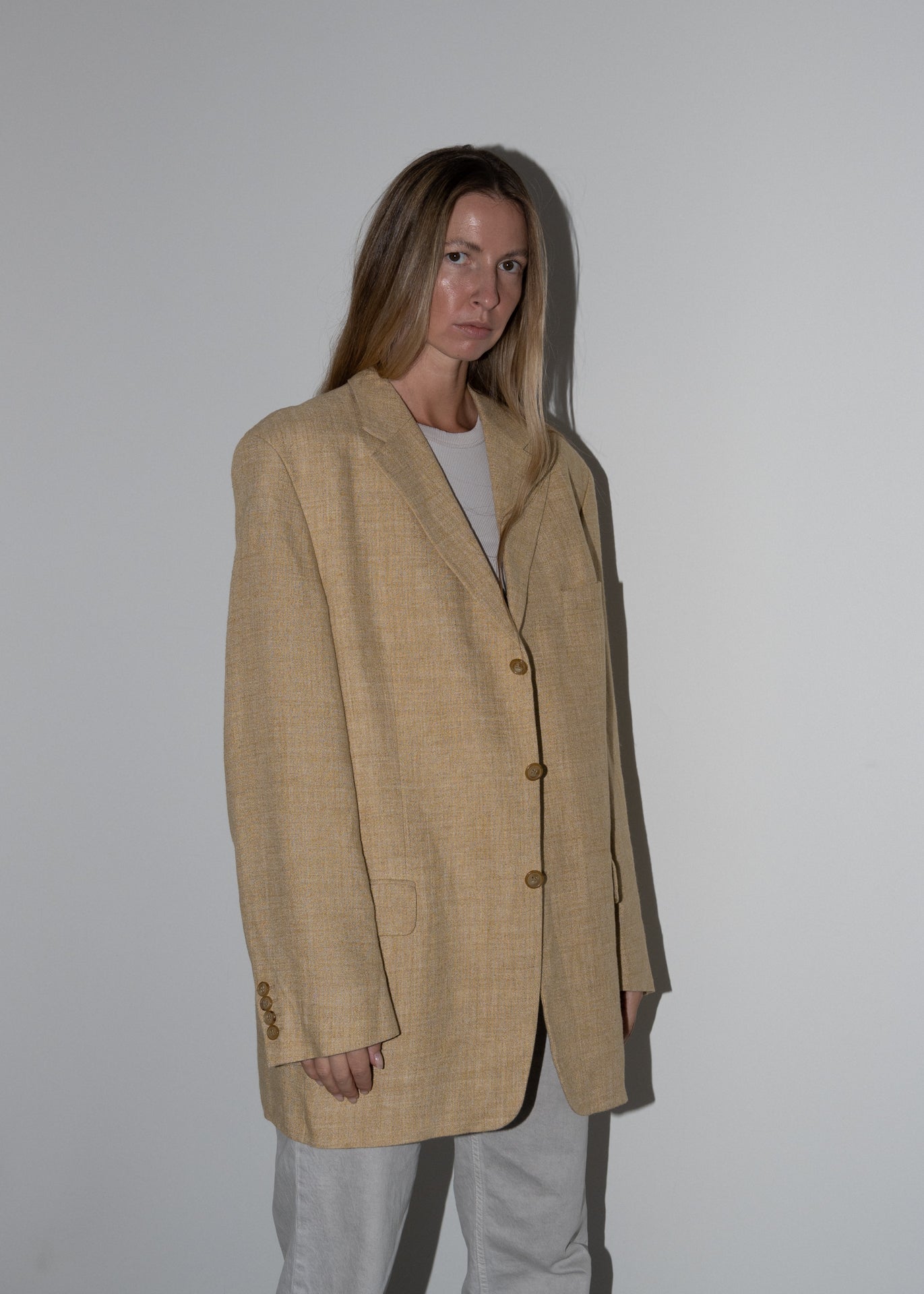 Vintage Beige Oversized Linen Blazer