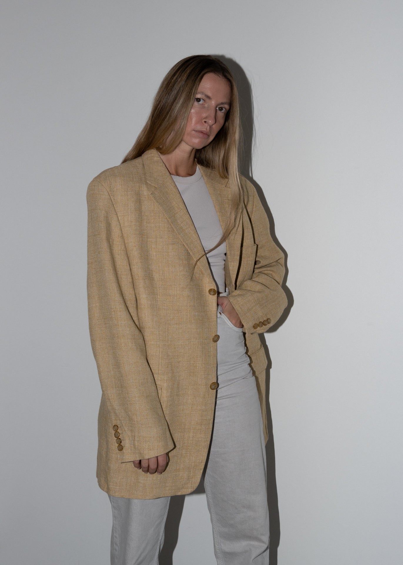 Vintage Beige Oversized Linen Blazer