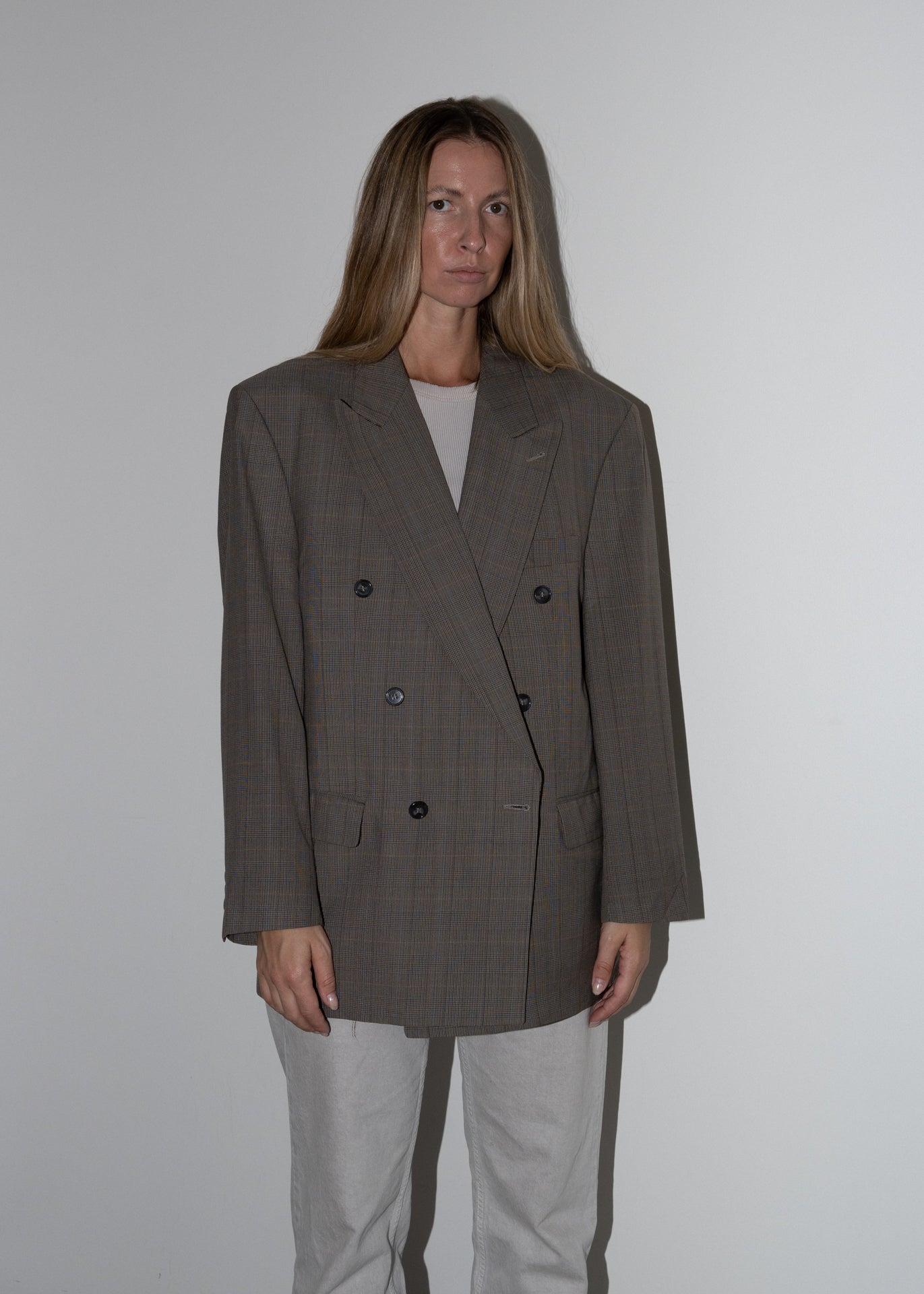 Vintage Brown Checked Oversized Double Breasted Blazer