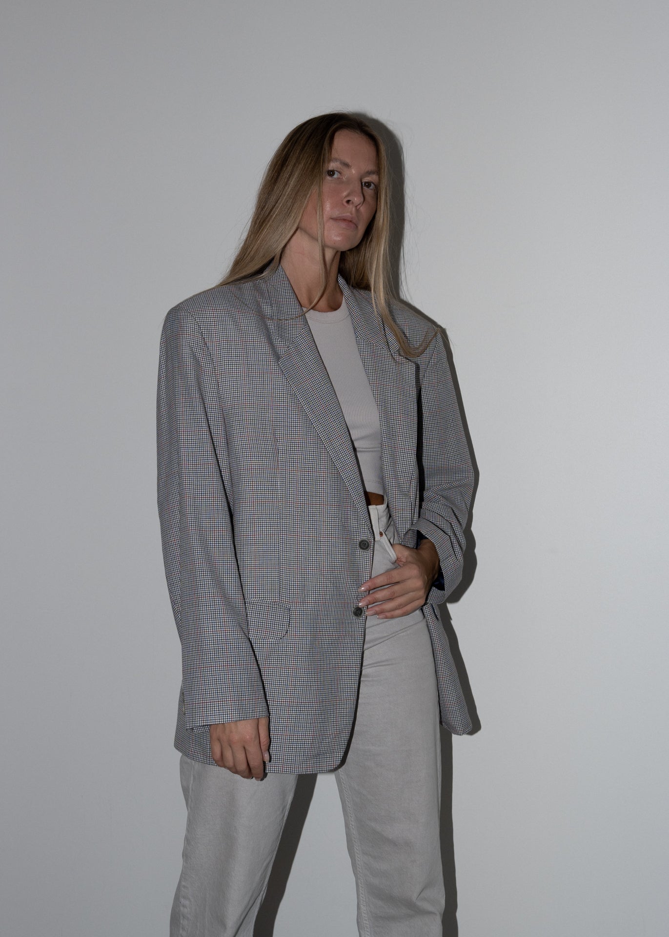 Vintage Grey Checked Oversized Blazer