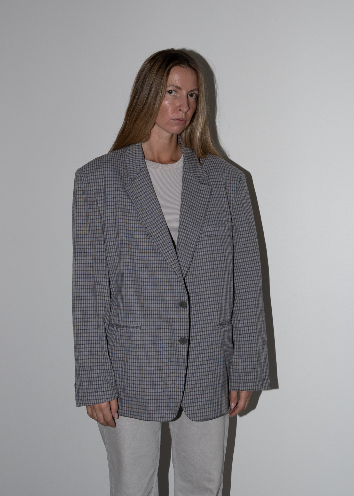 Vintage Grey Checked Oversized Light Weight Blazer