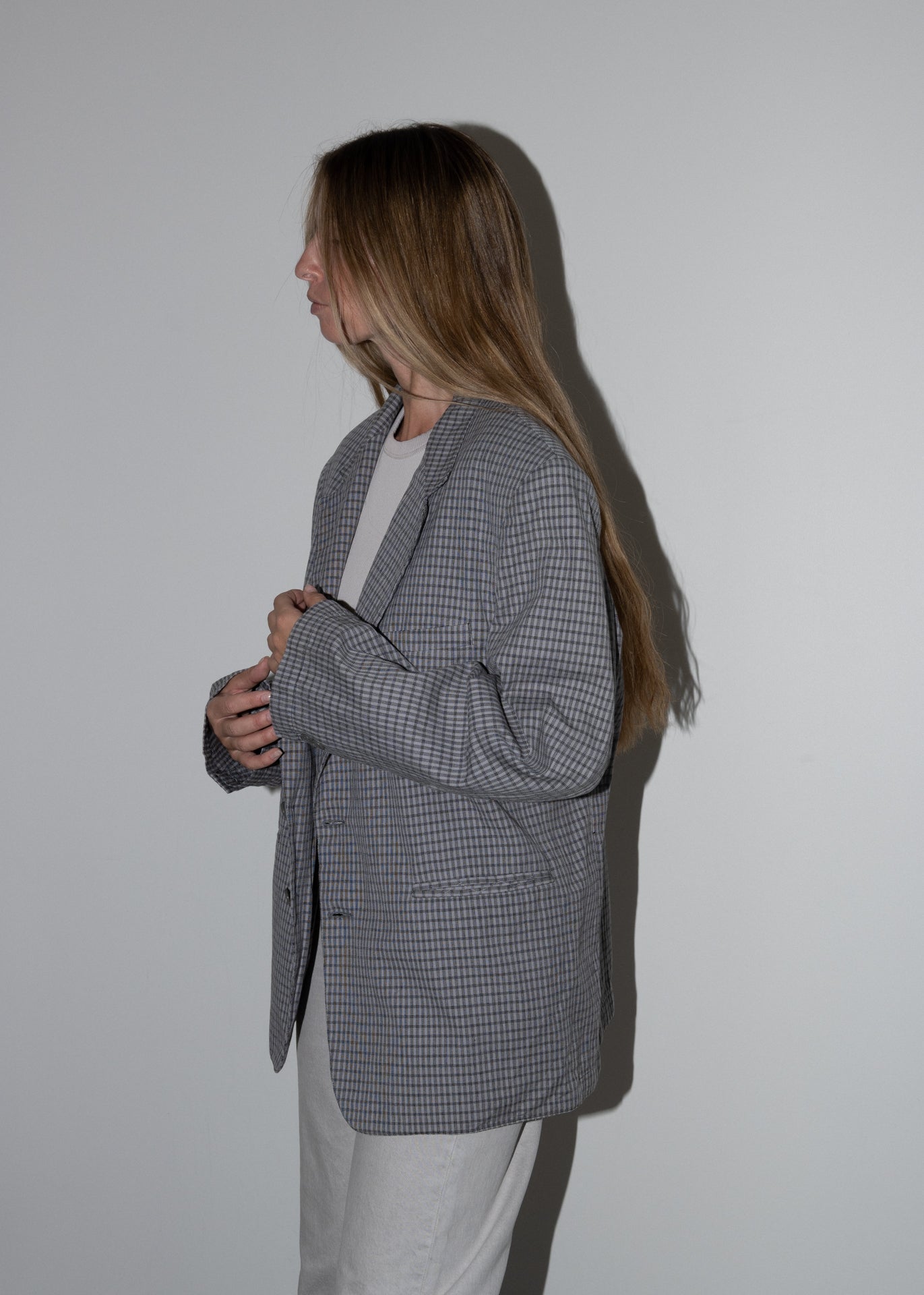 Vintage Grey Checked Oversized Light Weight Blazer