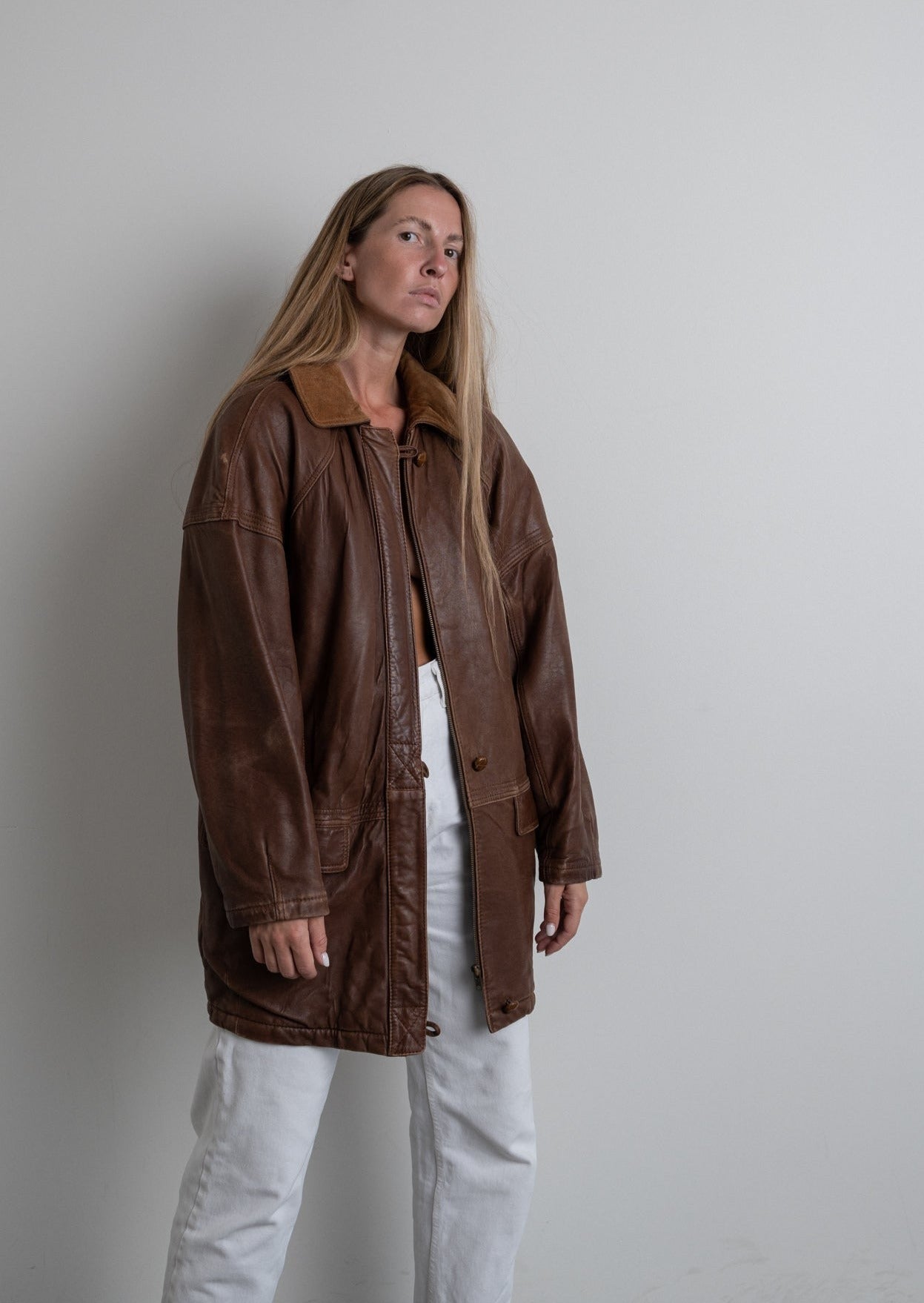 Vintage Brown Oversized Leather Coat