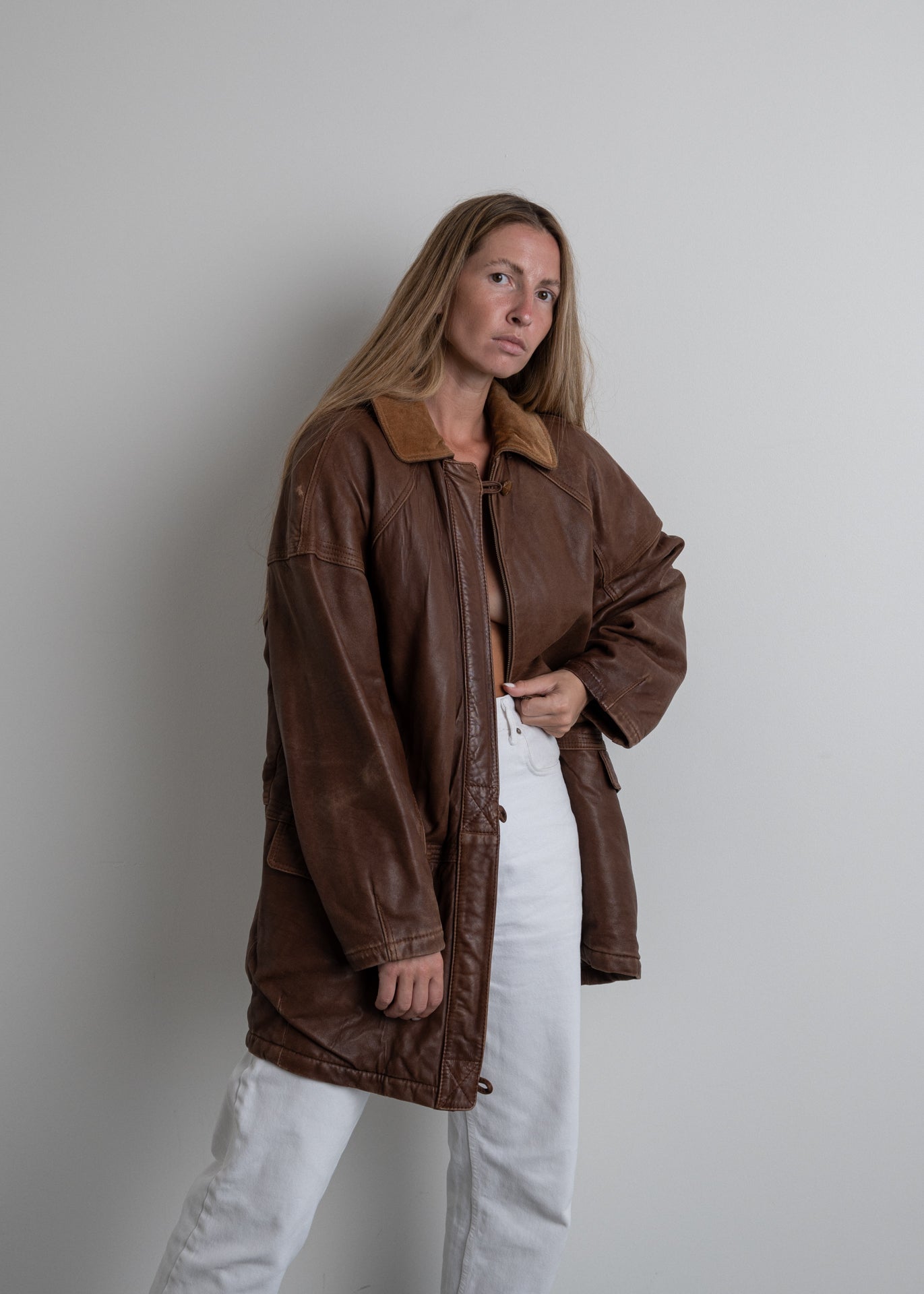 Vintage Brown Oversized Leather Coat