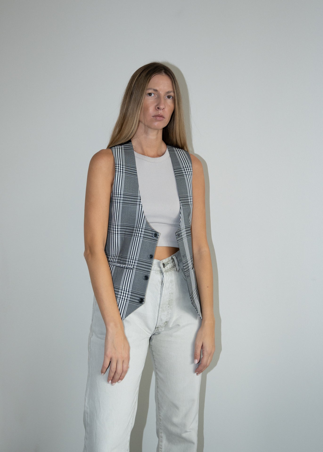 Vintage Grey Oversized Checked Vest