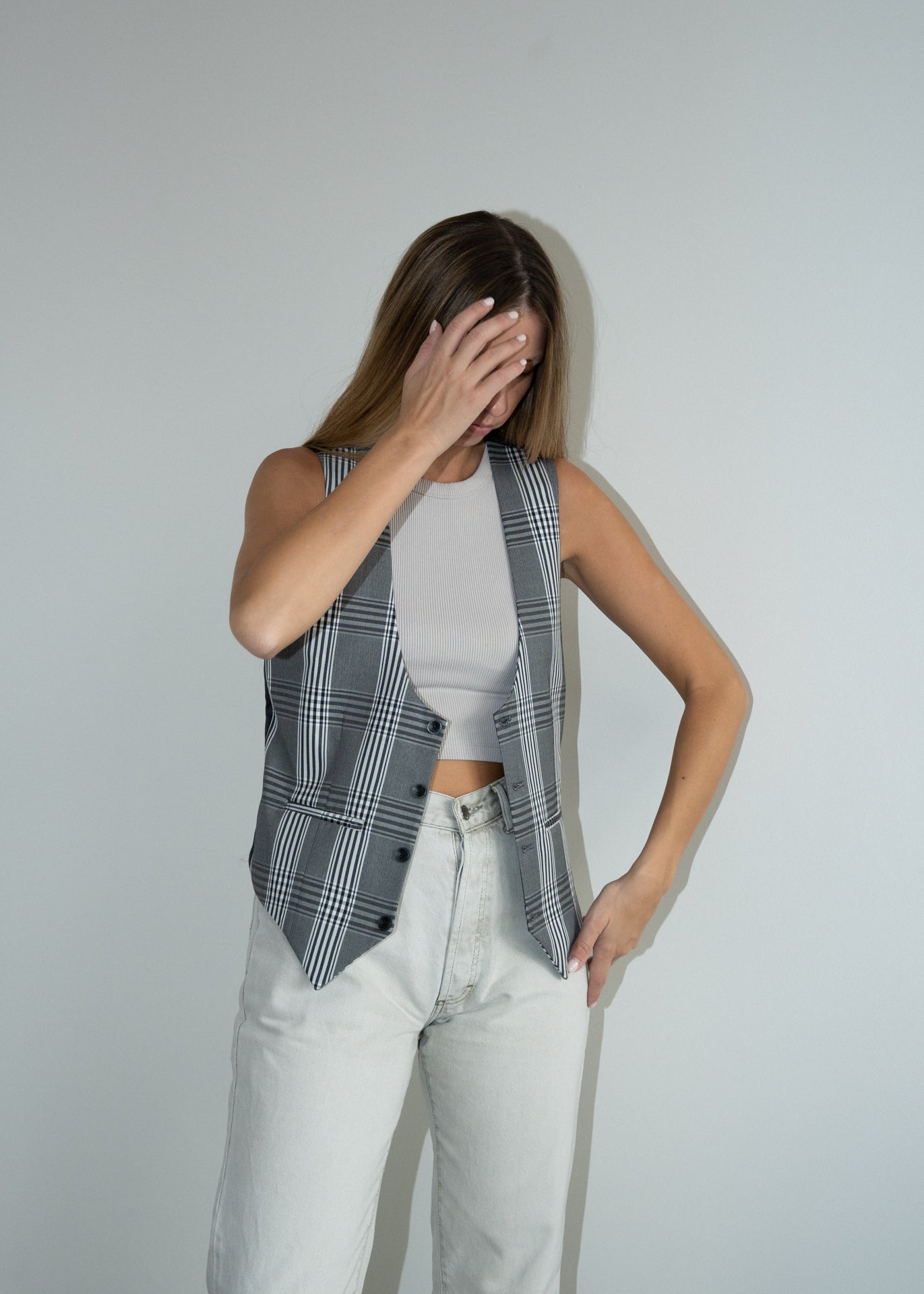 Vintage Grey Oversized Checked Vest