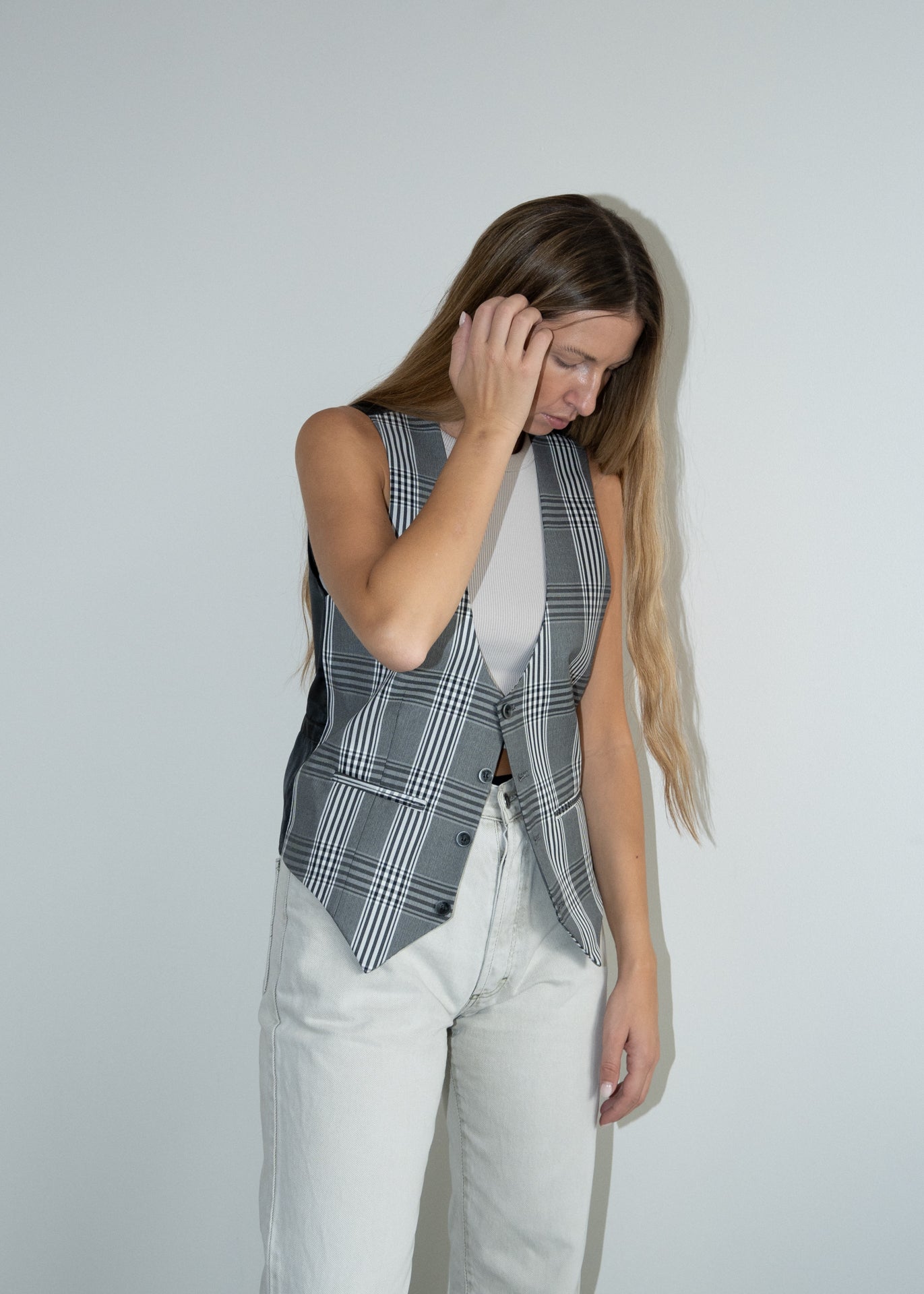 Vintage Grey Oversized Checked Vest