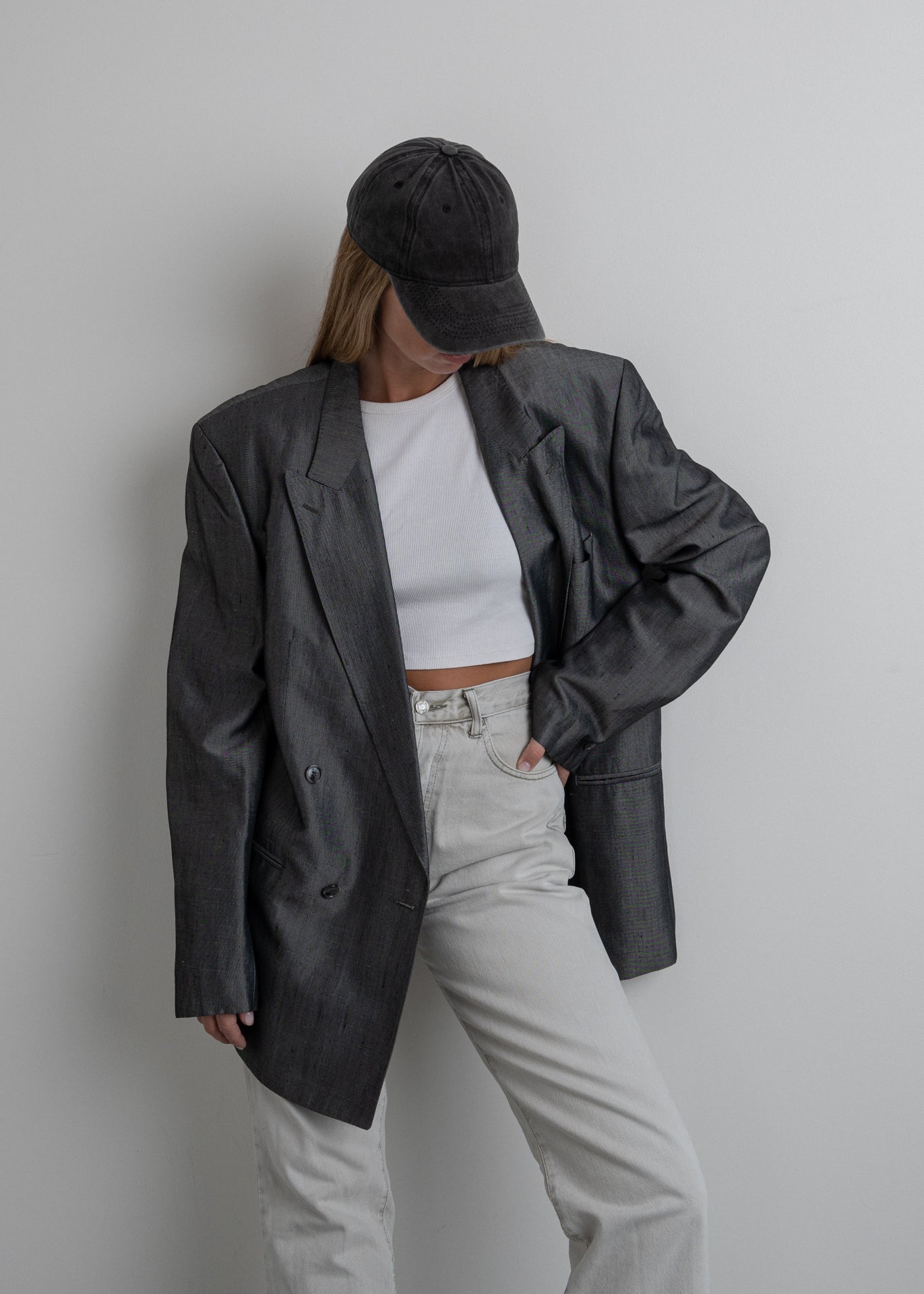 Vintage Silver Grey Oversized Double Breasted Blazer