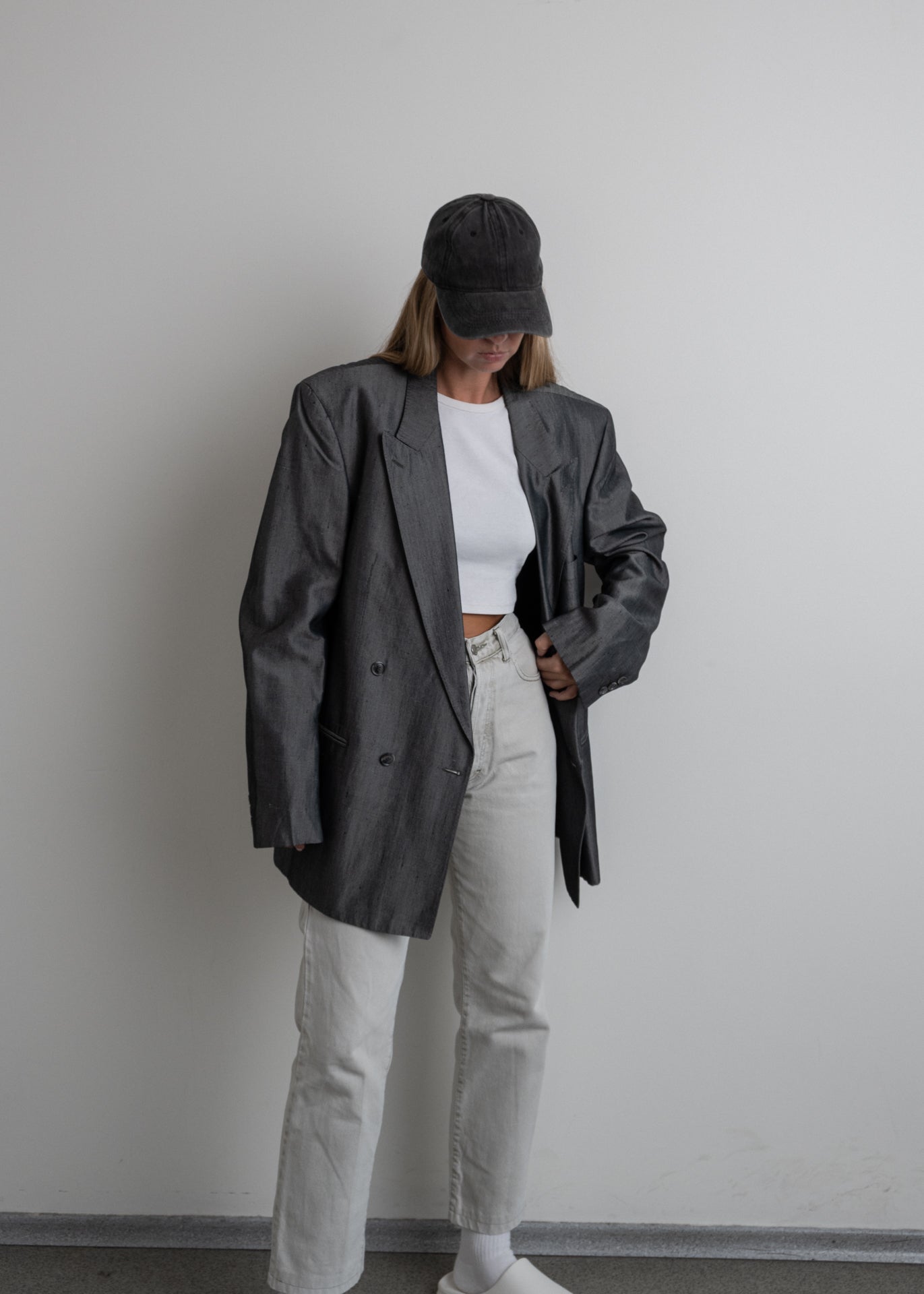 Vintage Silver Grey Oversized Double Breasted Blazer