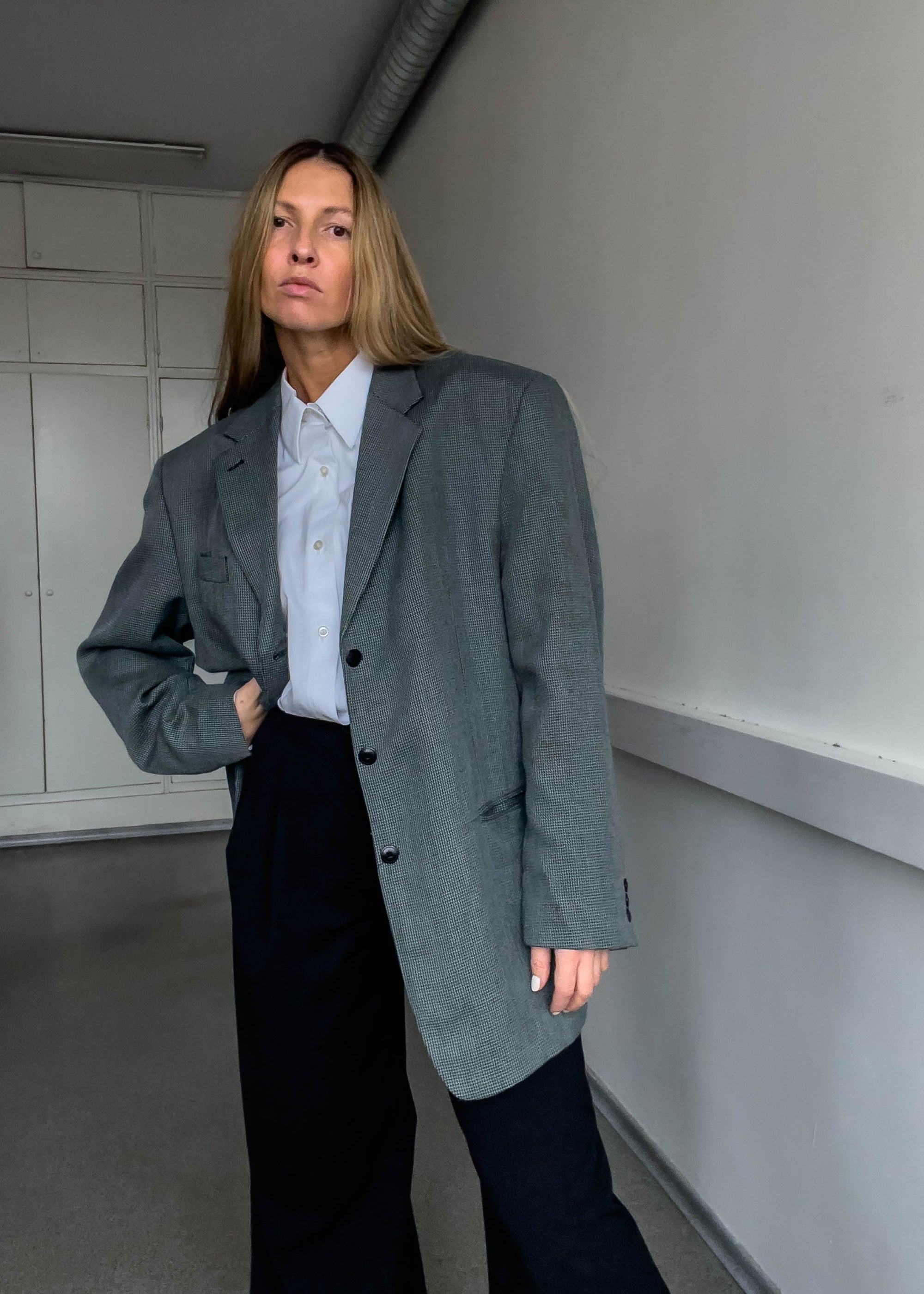 Vintage Grey Checked Oversized Blazer