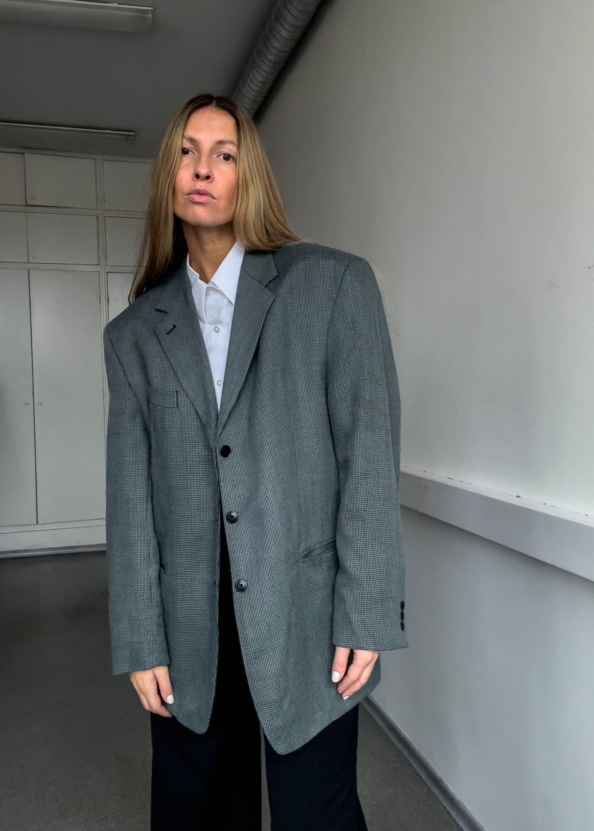 Vintage Grey Checked Oversized Blazer