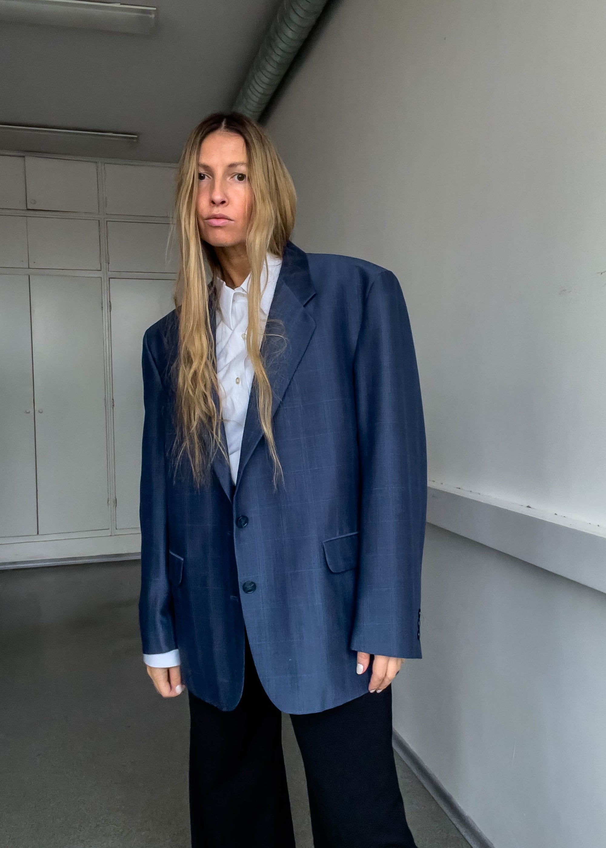 Vintage Blue Checked Oversized Blazer