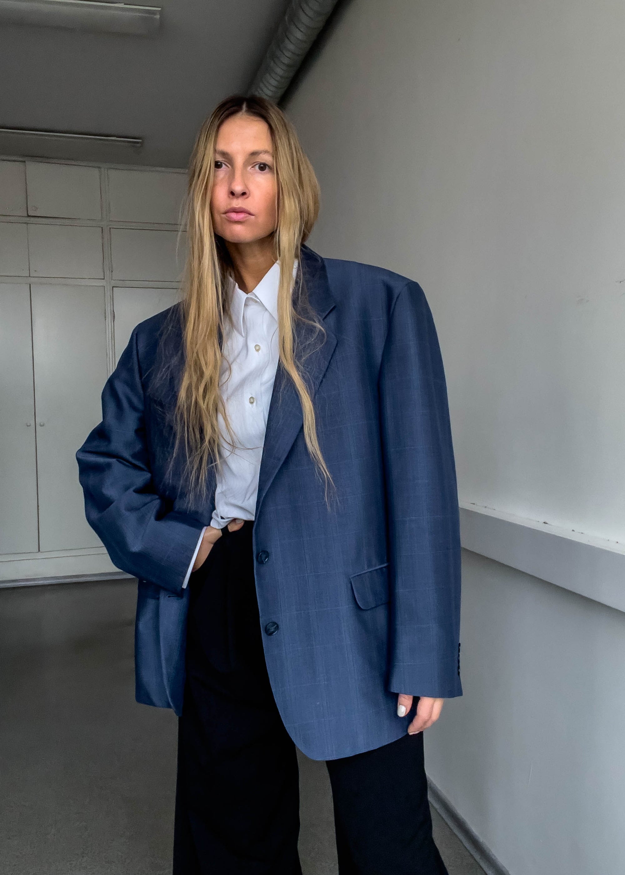 Vintage Blue Checked Oversized Blazer