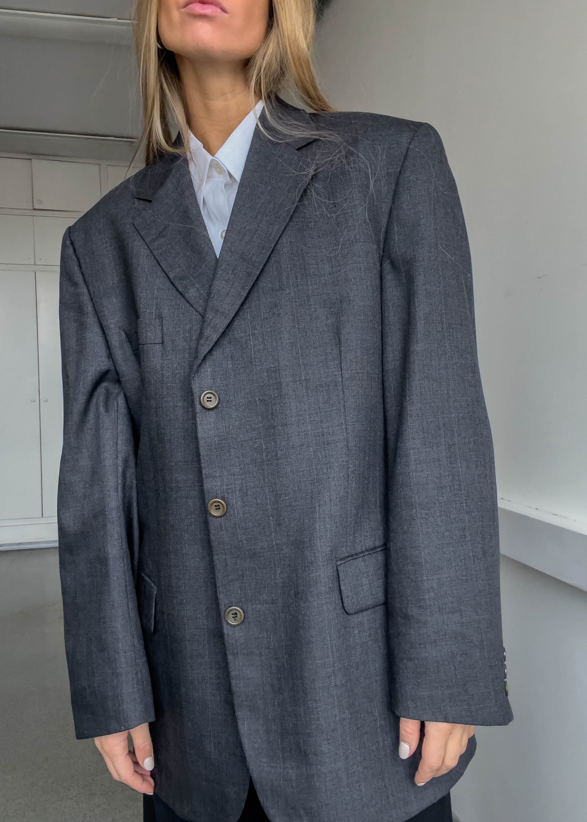 Vintage Grey Checked Oversized Blazer