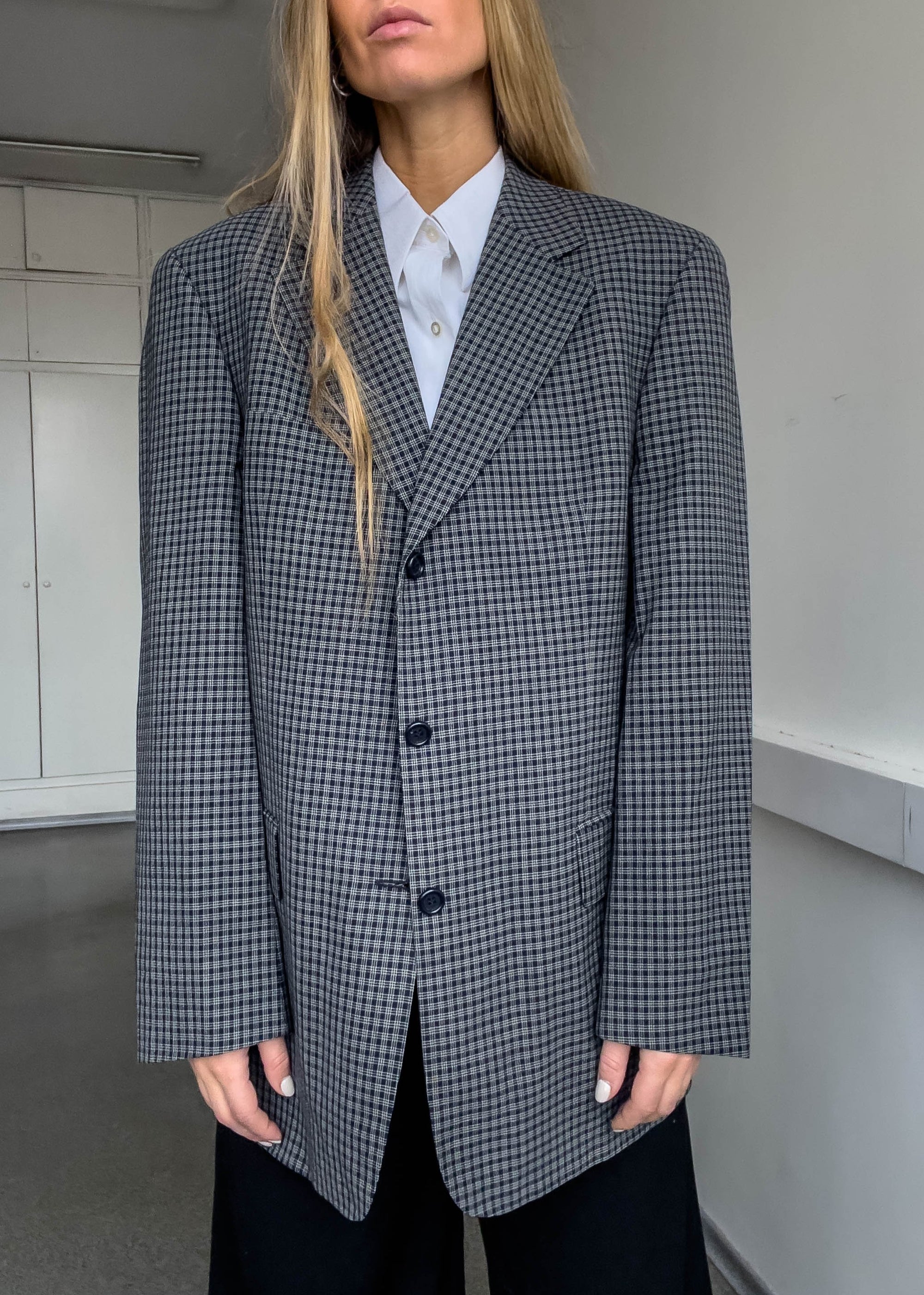 Vintage Blue Checked Oversized Blazer