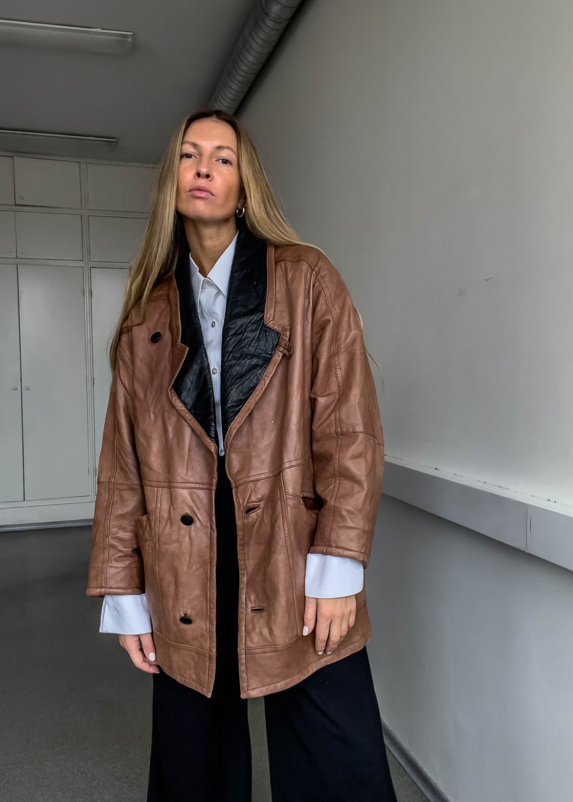 Vintage Brown Oversized Leather Coat