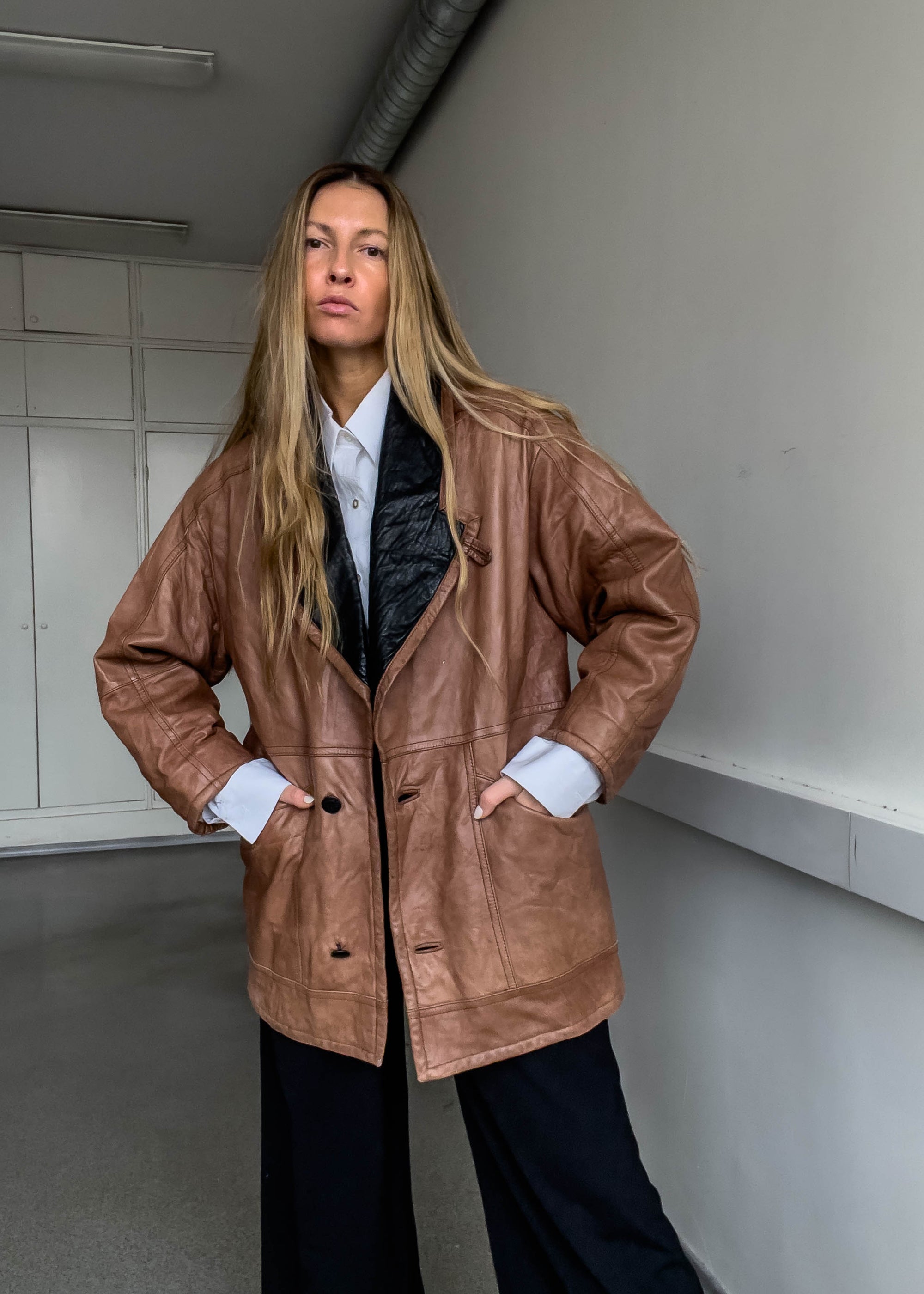 Vintage Brown Oversized Leather Coat