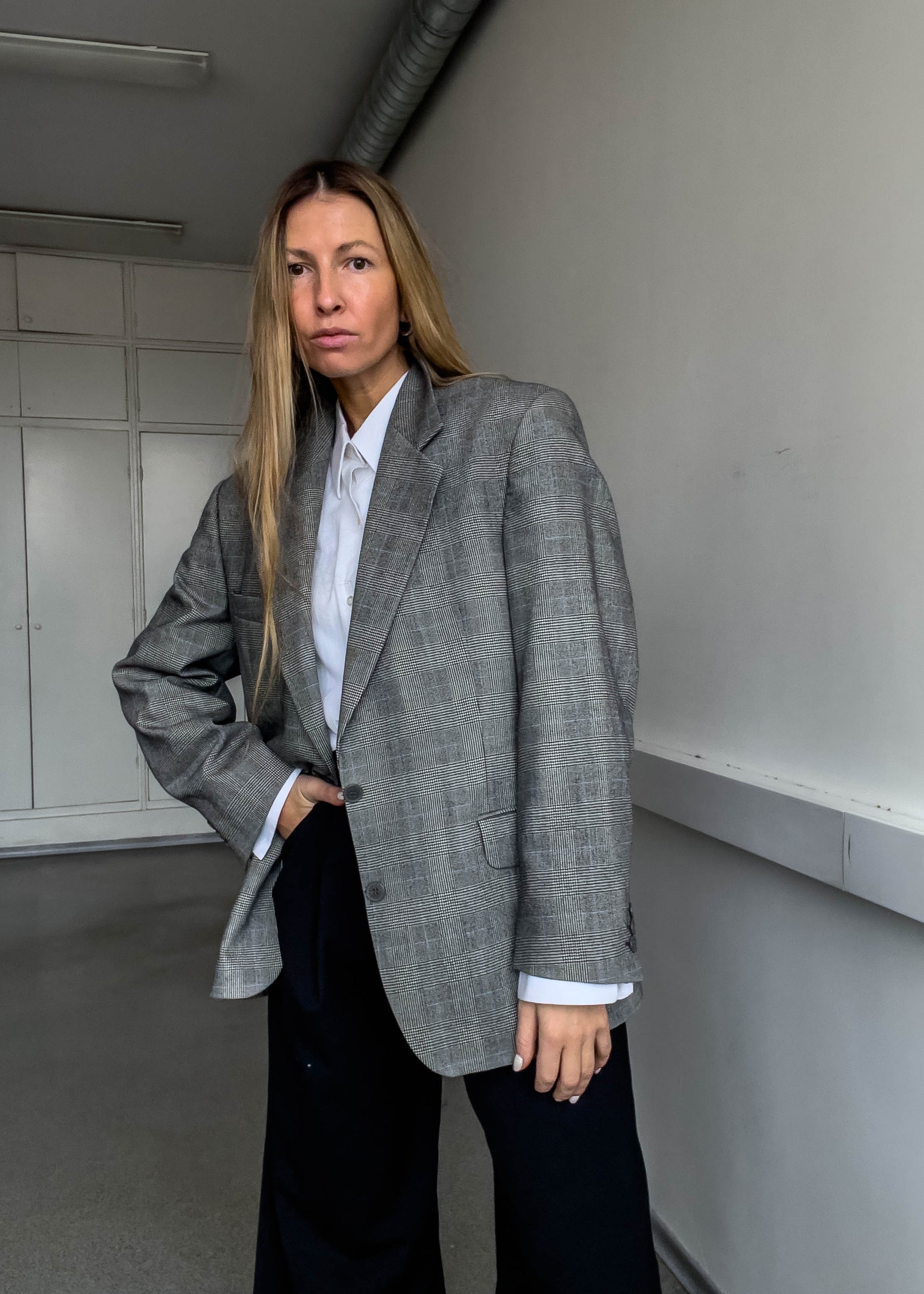 Vintage Grey Checked Oversized Blazer