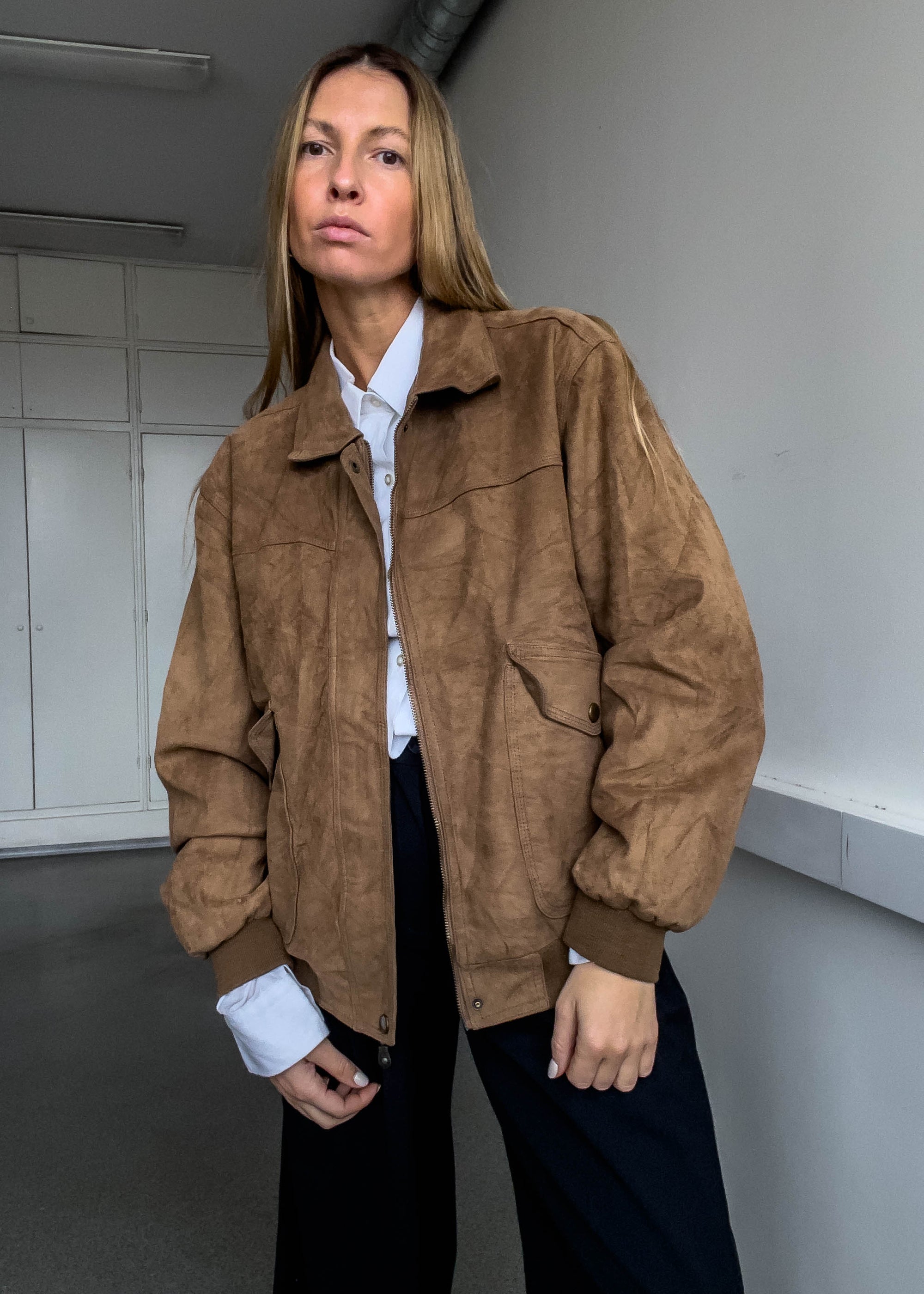 Vintage Brown Oversized Suede Bomber Jacket