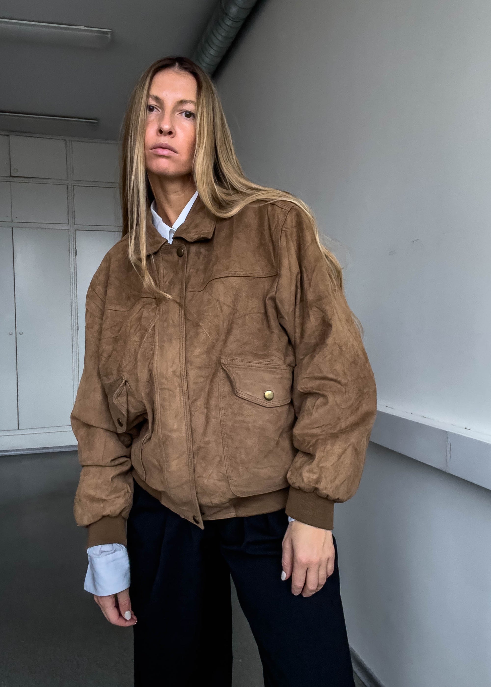 Vintage Brown Oversized Suede Bomber Jacket