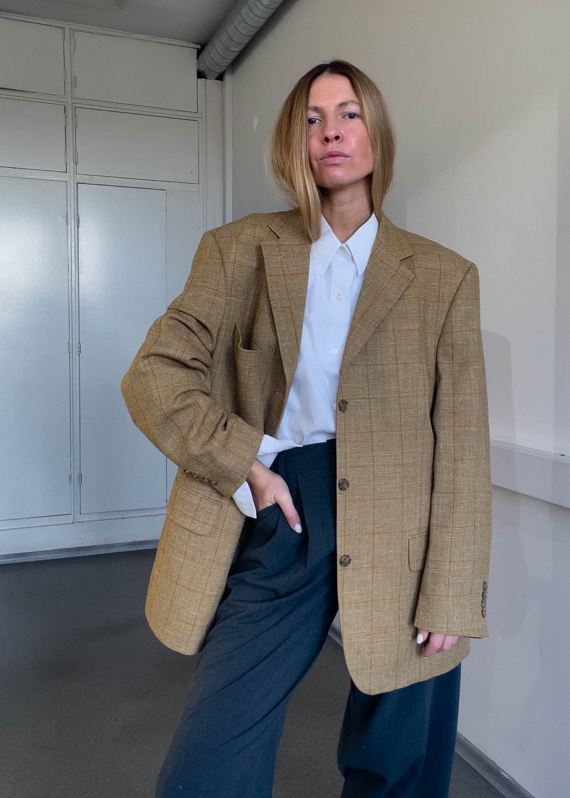 Vintage Brown Checked Oversized Blazer