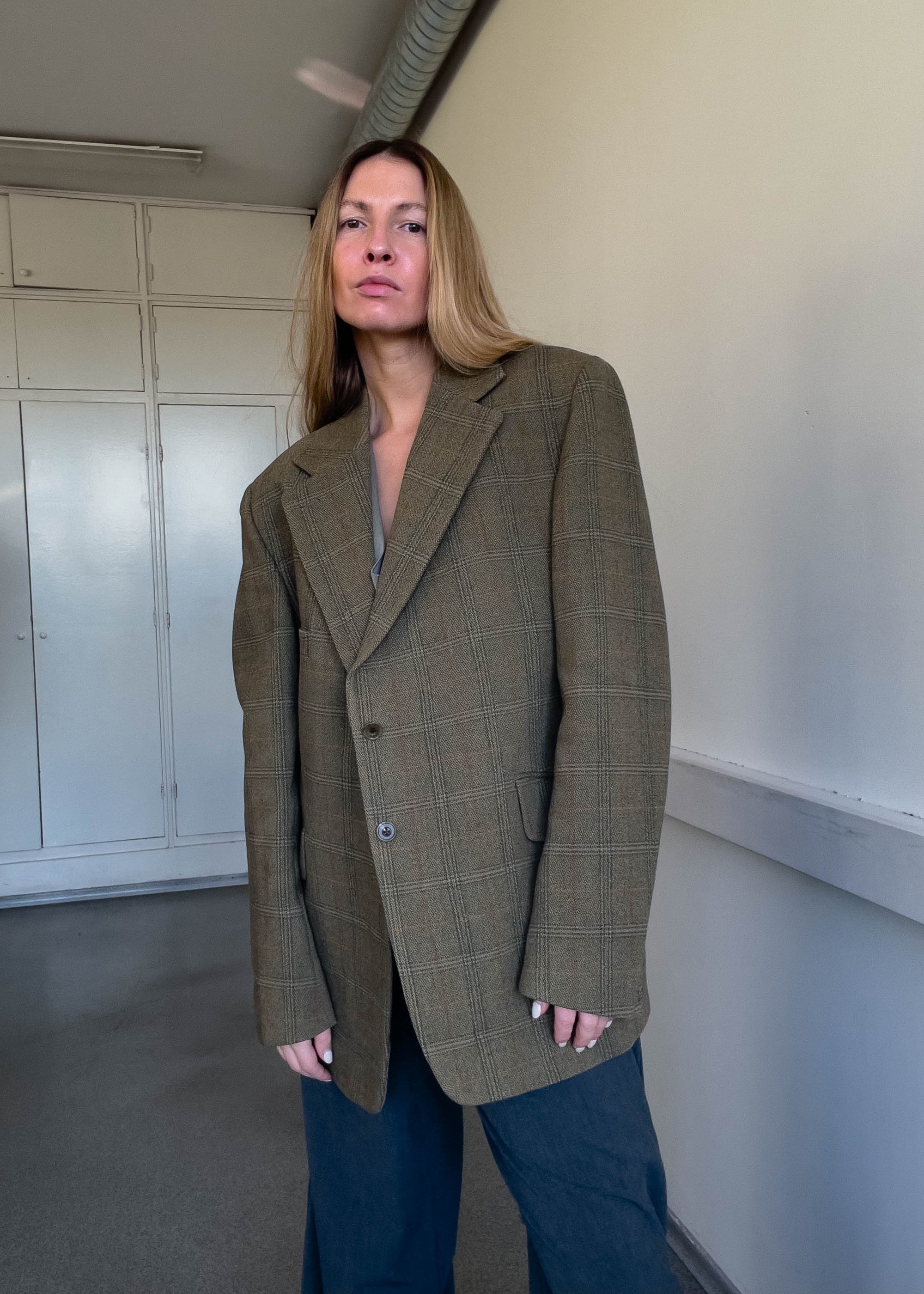 Vintage Green Checked Oversized Blazer