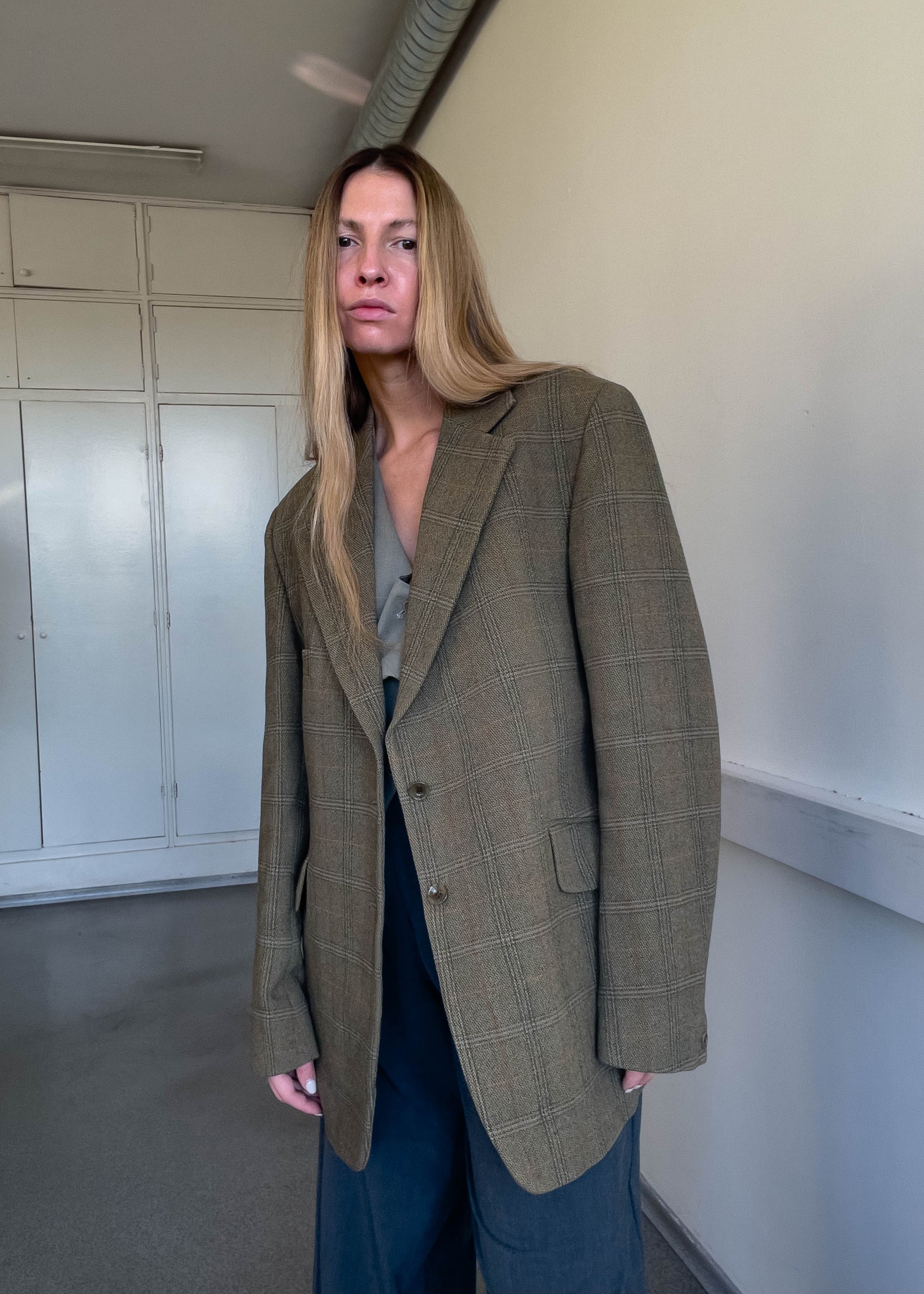 Vintage Green Checked Oversized Blazer