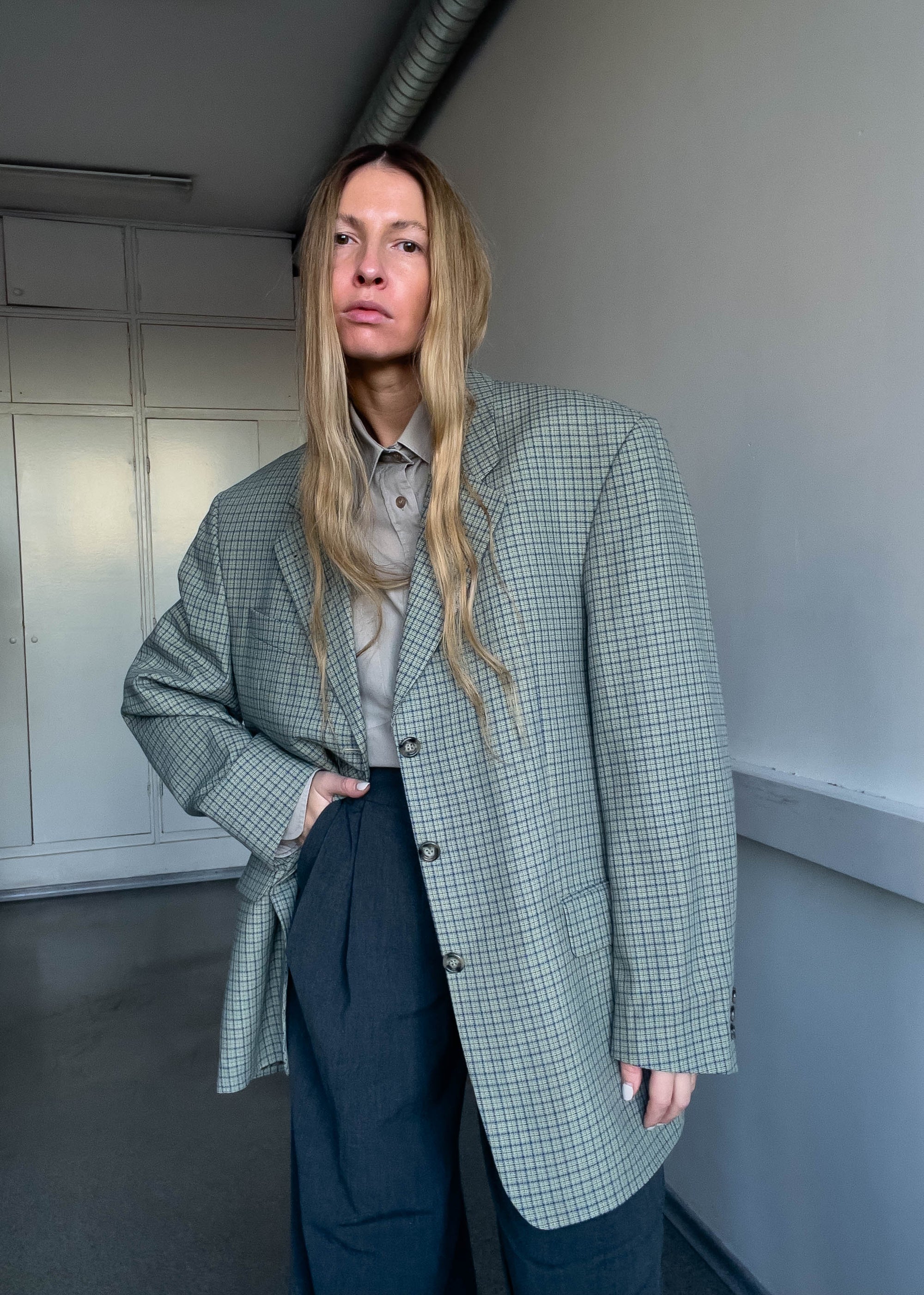 Vintage Checked Oversized Blazer in Green & Blue