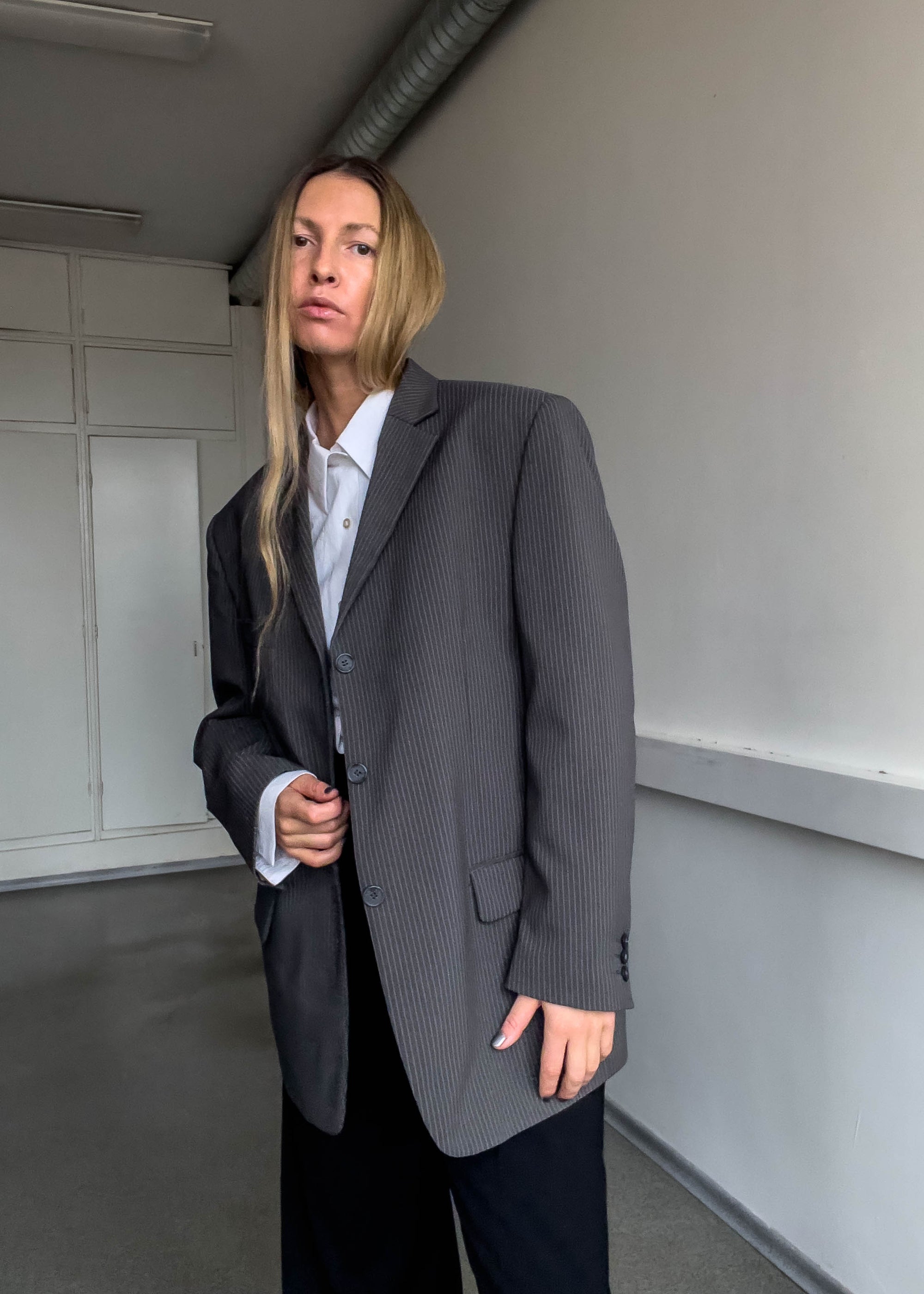 Vintage Grey Stripy Oversized Blazer