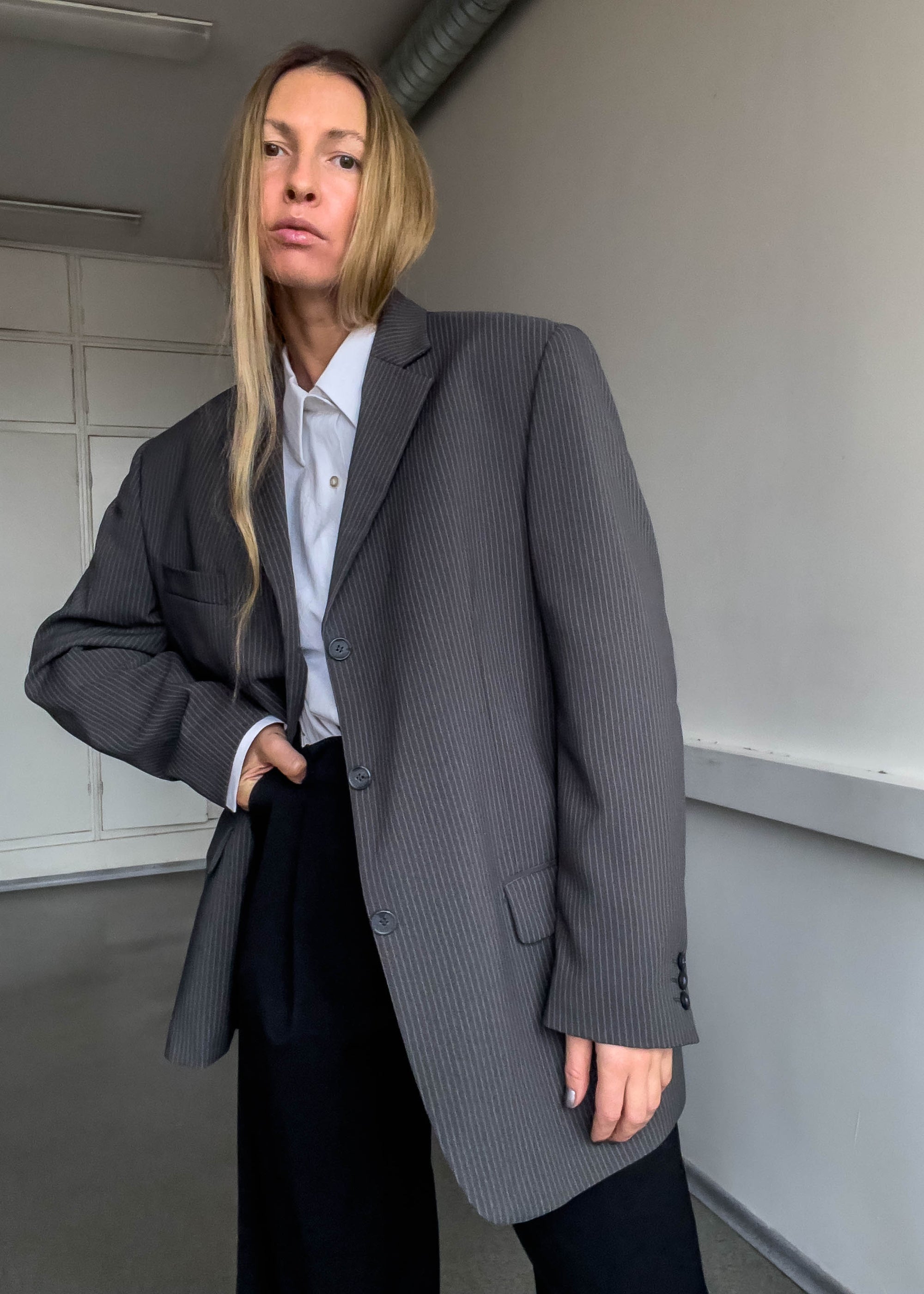 Vintage Grey Stripy Oversized Blazer