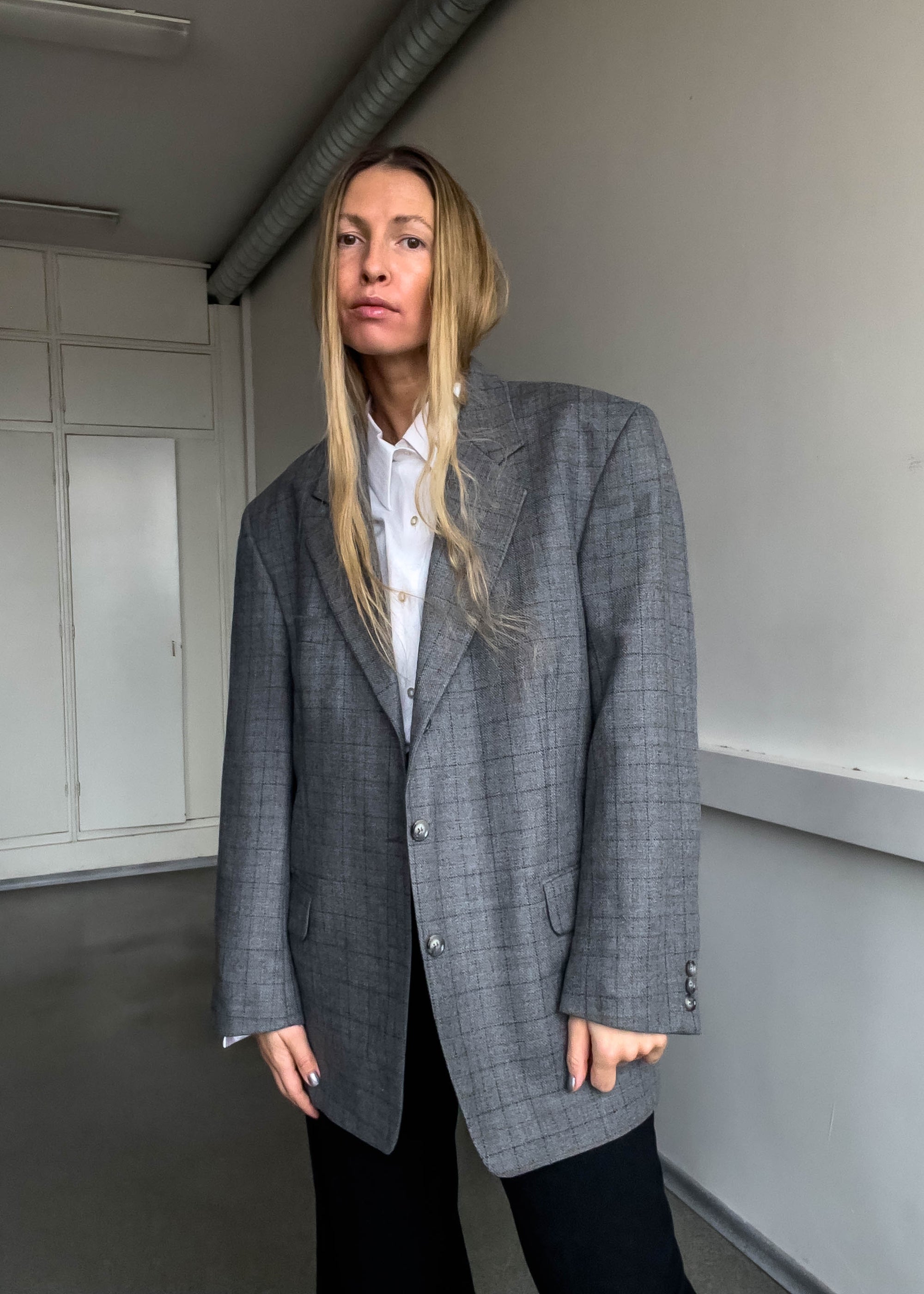 Vintage Grey Checked Oversized Blazer