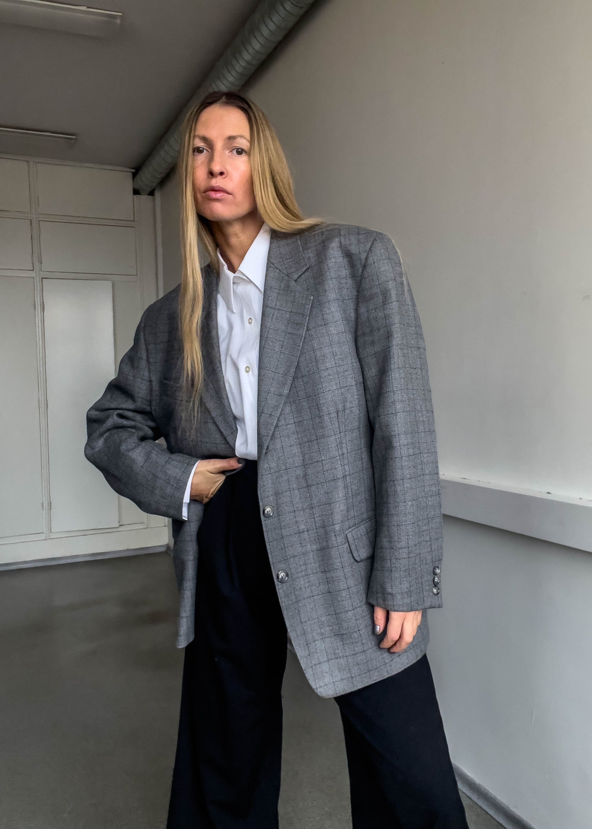 Vintage Grey Checked Oversized Blazer