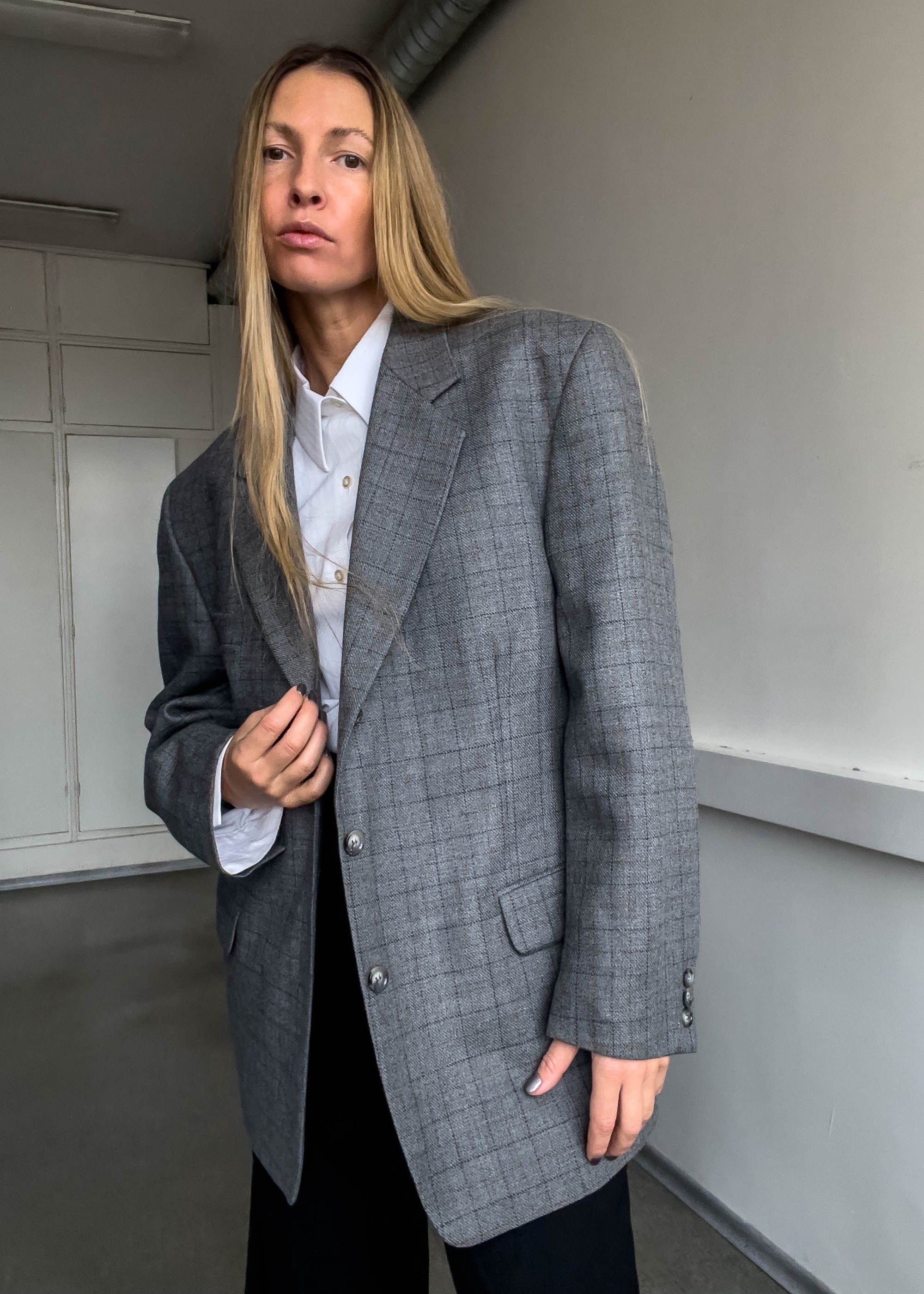 Vintage Grey Checked Oversized Blazer