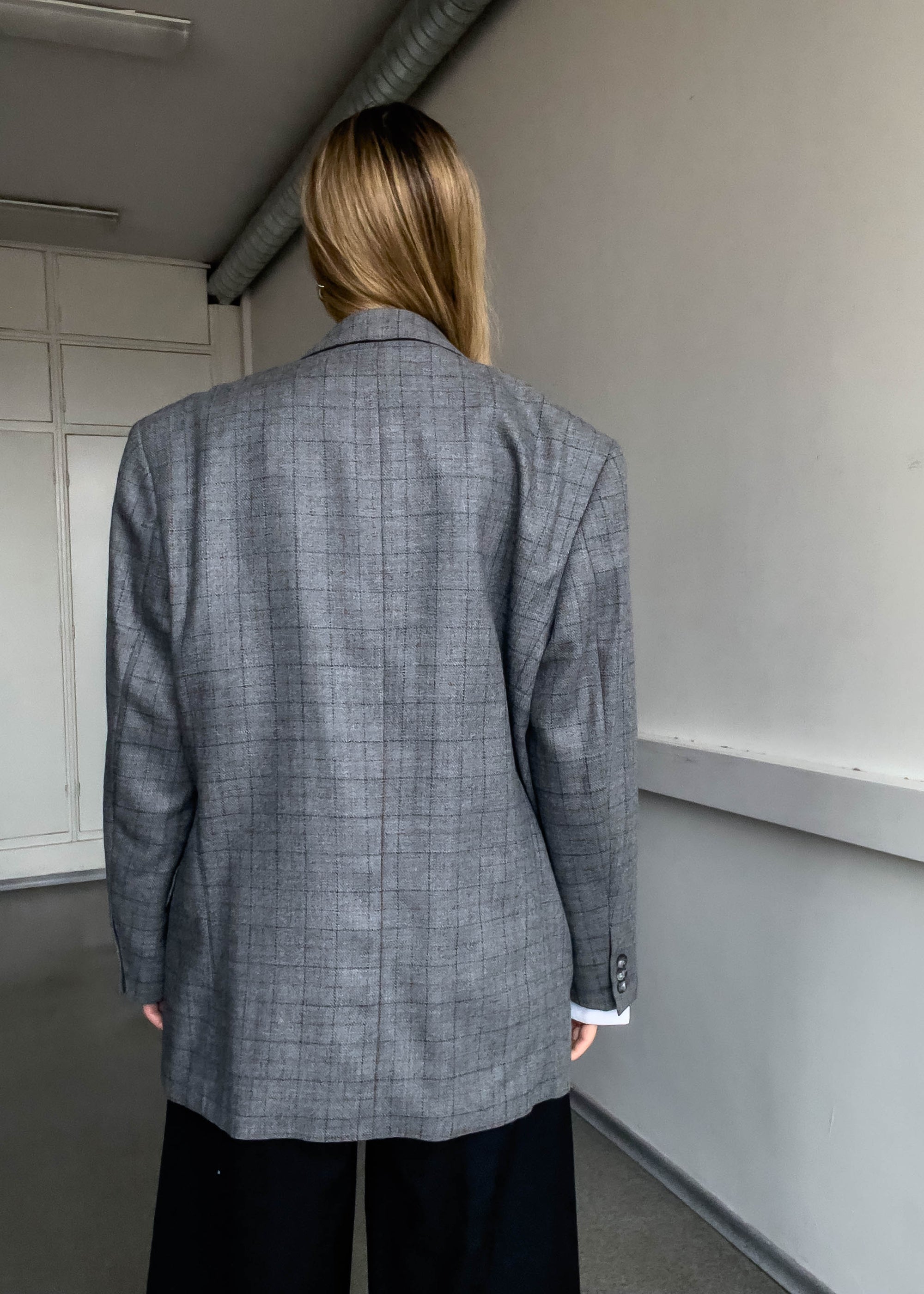 Vintage Grey Checked Oversized Blazer