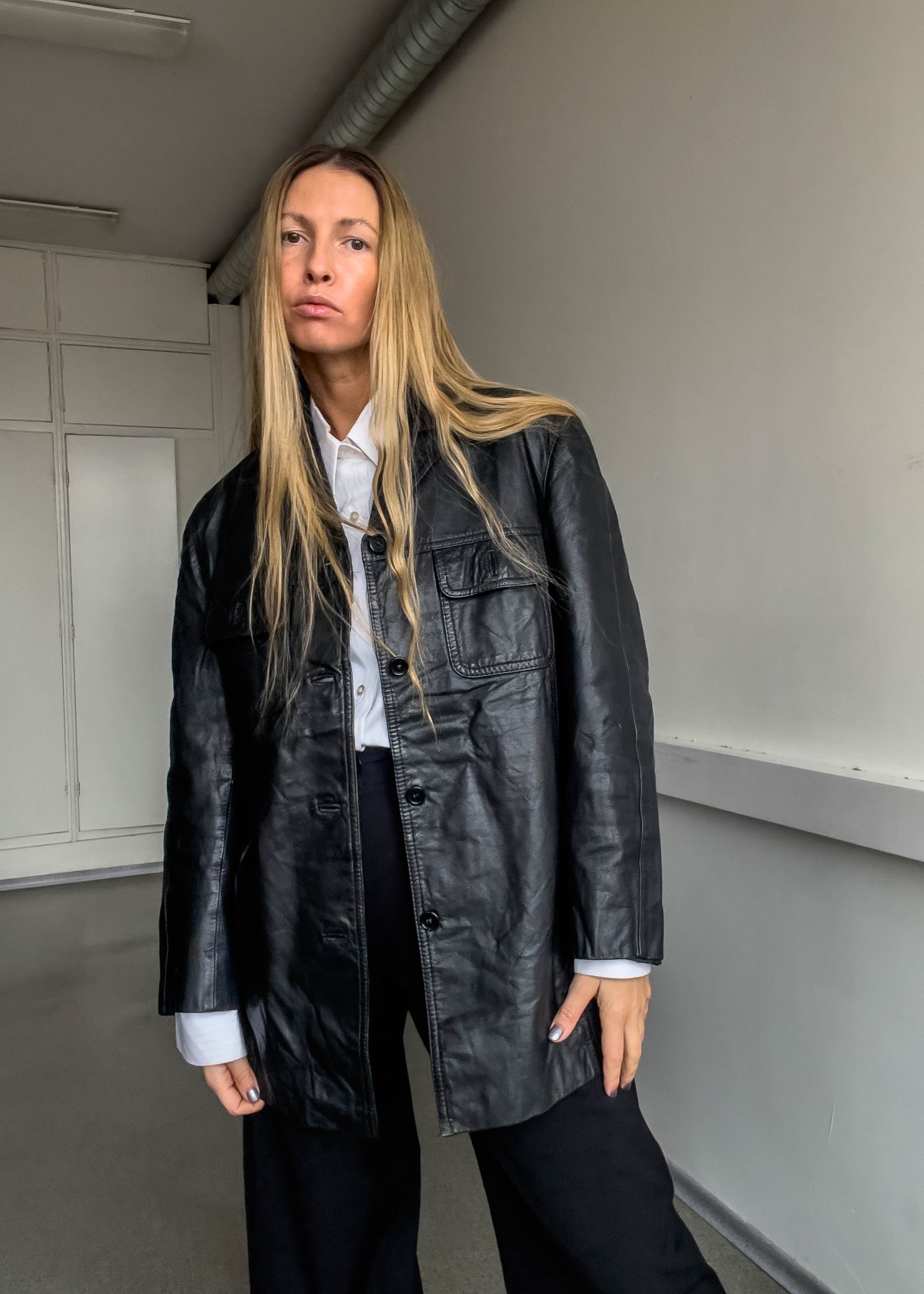 Vintage Black Oversized Leather Jacket