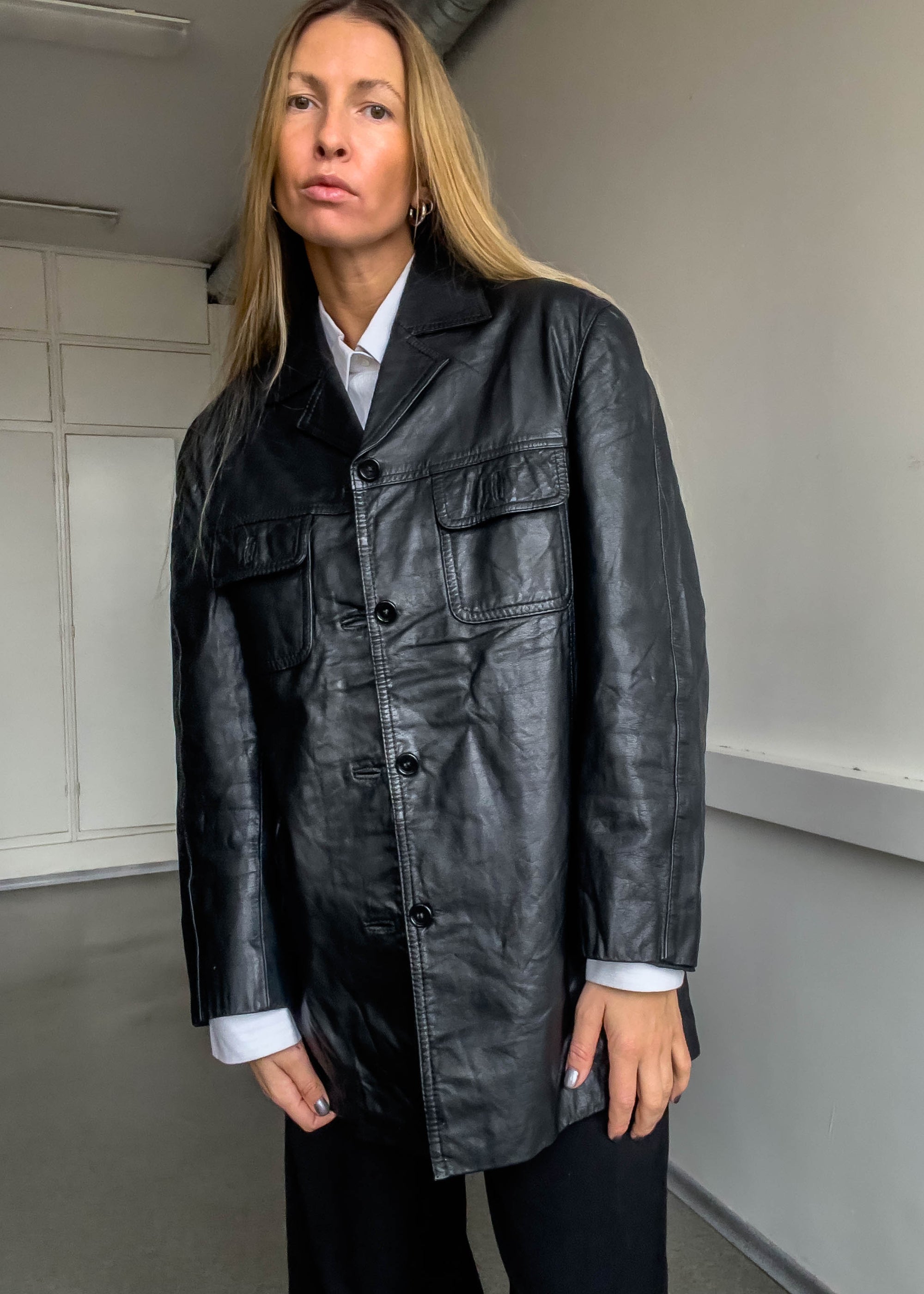 Vintage Black Oversized Leather Jacket