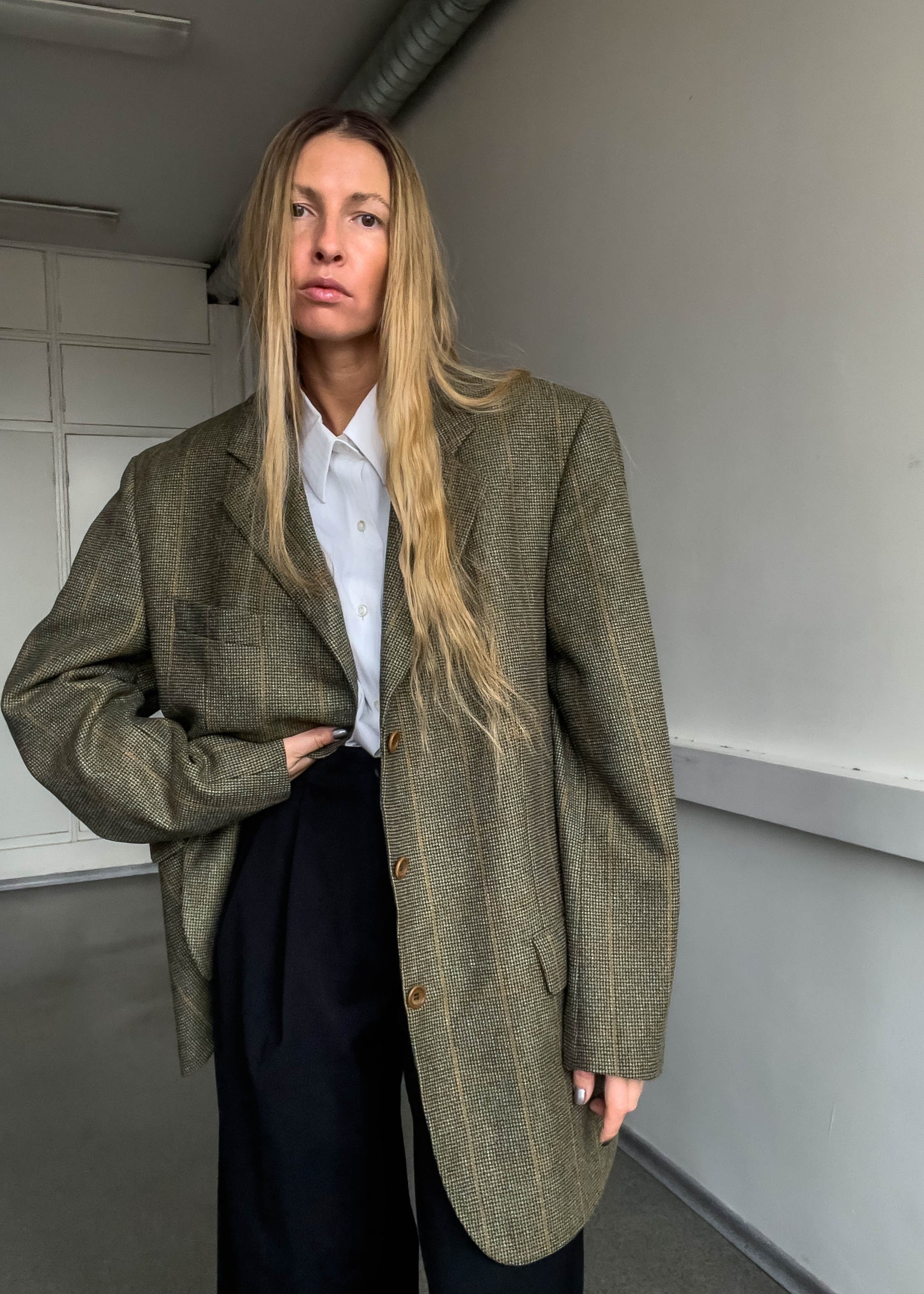 Vintage Green Checked Oversized Blazer